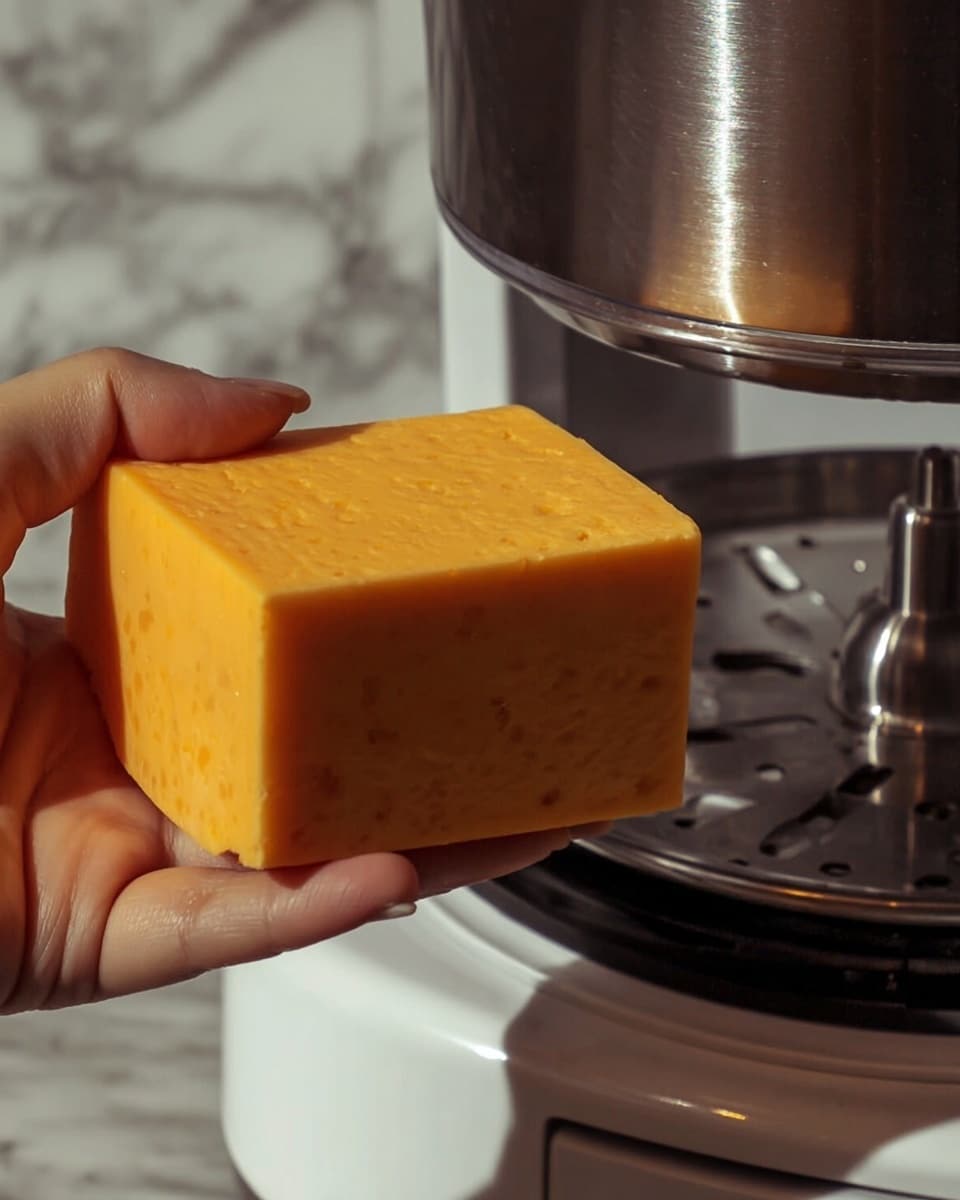 A close-up of a woman's hand holding a solid block of bright orange cheese with a smooth texture, positioned in front of a stainless steel food processor blade inside a white base appliance. The background features a white marbled surface, and the lighting highlights the cheese's firm edges and the shiny steel blade's sharp details. photo taken with an iphone --ar 4:5 --v 7