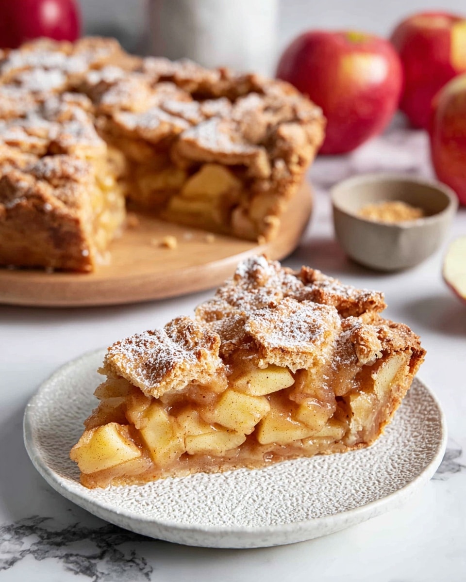 A slice of apple pie sits on a white plate with a textured edge, showing chunky yellow apple pieces inside a golden-brown crust. The top crust is uneven and sprinkled with powdered sugar. In the background, there is the rest of the pie with a few pieces missing, revealing more apple filling under the crust. Red apples and small bowls are placed on a white marbled surface around the pie, enhancing the warm and cozy feel of the scene. photo taken with an iphone --ar 4:5 --v 7