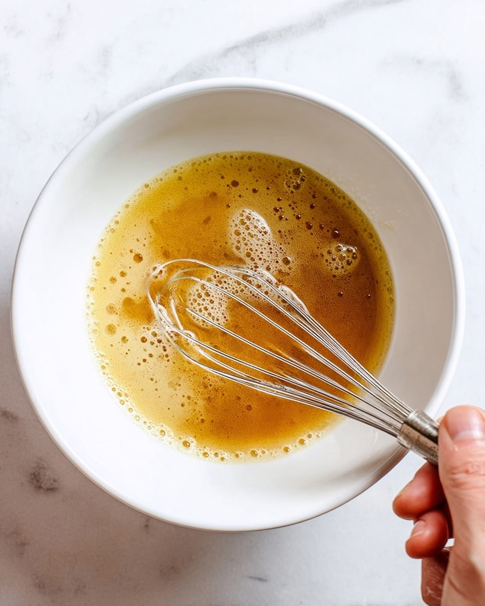 A white bowl with a light brown liquid mixture inside, showing different shades of brown and yellow blending together with small bubbles around the edges. A metal whisk with thin wires is partially submerged in the liquid, held by a woman's hand at the bottom right corner. The bowl is placed on a white marbled surface. photo taken with an iphone --ar 4:5 --v 7