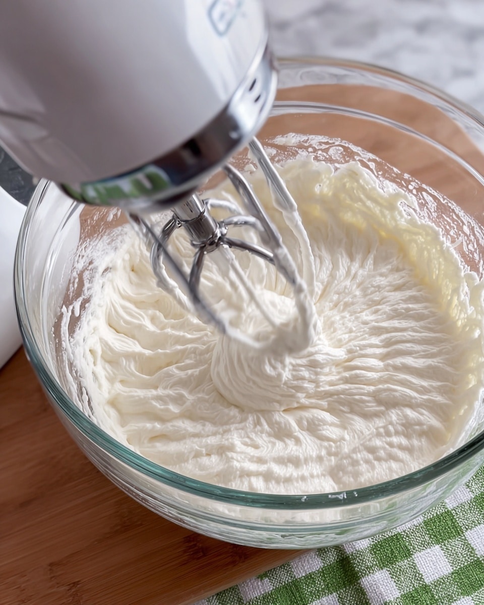The image shows a close-up of a glass bowl filled with creamy white whipped mixture being mixed by an electric mixer with metal beaters. The texture of the whipped mixture is smooth and fluffy, with visible ridges and soft peaks formed by the mixer. The bowl sits on a wooden surface with a green and white checkered cloth partially visible to the side, and the background is a white marbled texture. The electric mixer is white and partially blurred in motion, focusing on the creamy mixture being whipped. photo taken with an iphone --ar 4:5 --v 7