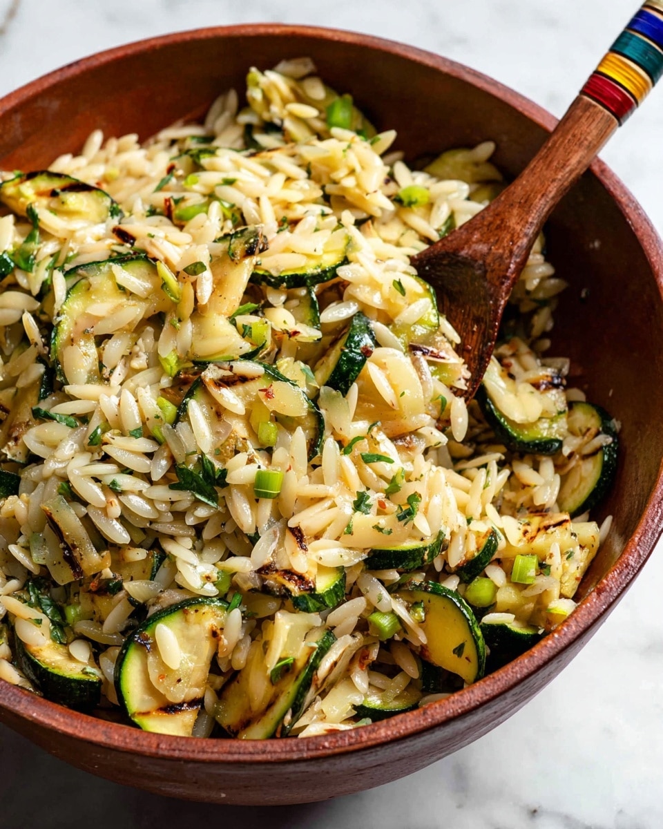 A close-up view of a brown bowl filled with a mixed dish of small white orzo pasta and sliced grilled zucchini. The orzo is lightly browned in spots, mixed with green herbs, small green pepper pieces, and bits of cheese, showing varied textures of soft pasta, tender grilled vegetables, and crumbly cheese. A wooden spoon with colorful rings at its handle end rests inside the bowl, partly lifting the food. The bowl sits on a white marbled surface. Photo taken with an iphone --ar 4:5 --v 7