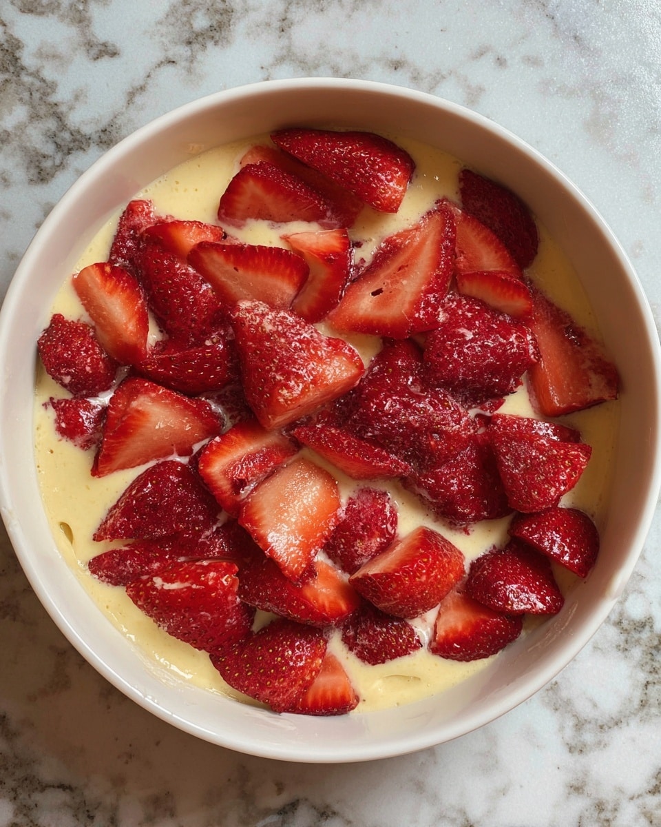 A white bowl with a creamy light yellow base layer topped with many sliced strawberries. The strawberries are fresh and vary in size, showing bright red color with juicy texture, scattered all over the top of the bowl. The bowl is placed on a white marbled surface. photo taken with an iphone --ar 4:5 --v 7