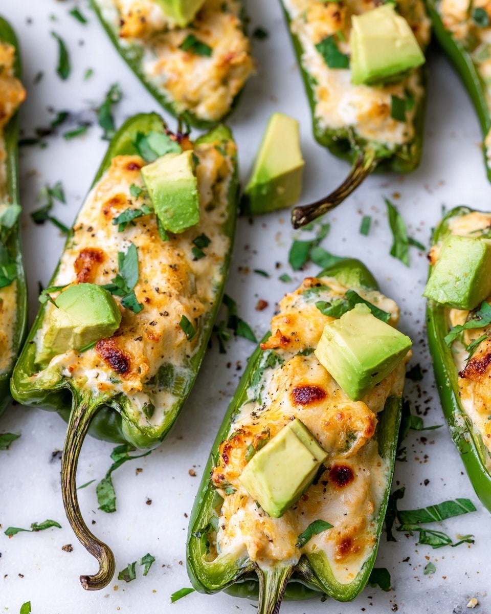 The dish shows several green peppers sliced in half lengthwise, each filled with a creamy mix that has a light golden color with some browned spots on top. The filling looks soft with bits of chopped green herbs and small green pepper pieces mixed throughout. On top of the filling, there are small chunks of fresh avocado placed irregularly. The peppers and filling sit on a white marbled surface with a few scattered small green herb leaves and black pepper specks around. Some peppers keep their brown stems attached. The scene is brightly lit and close up, showing clear textures of the soft filling, smooth peppers, and fresh avocado pieces photo taken with an iphone --ar 4:5 --v 7
