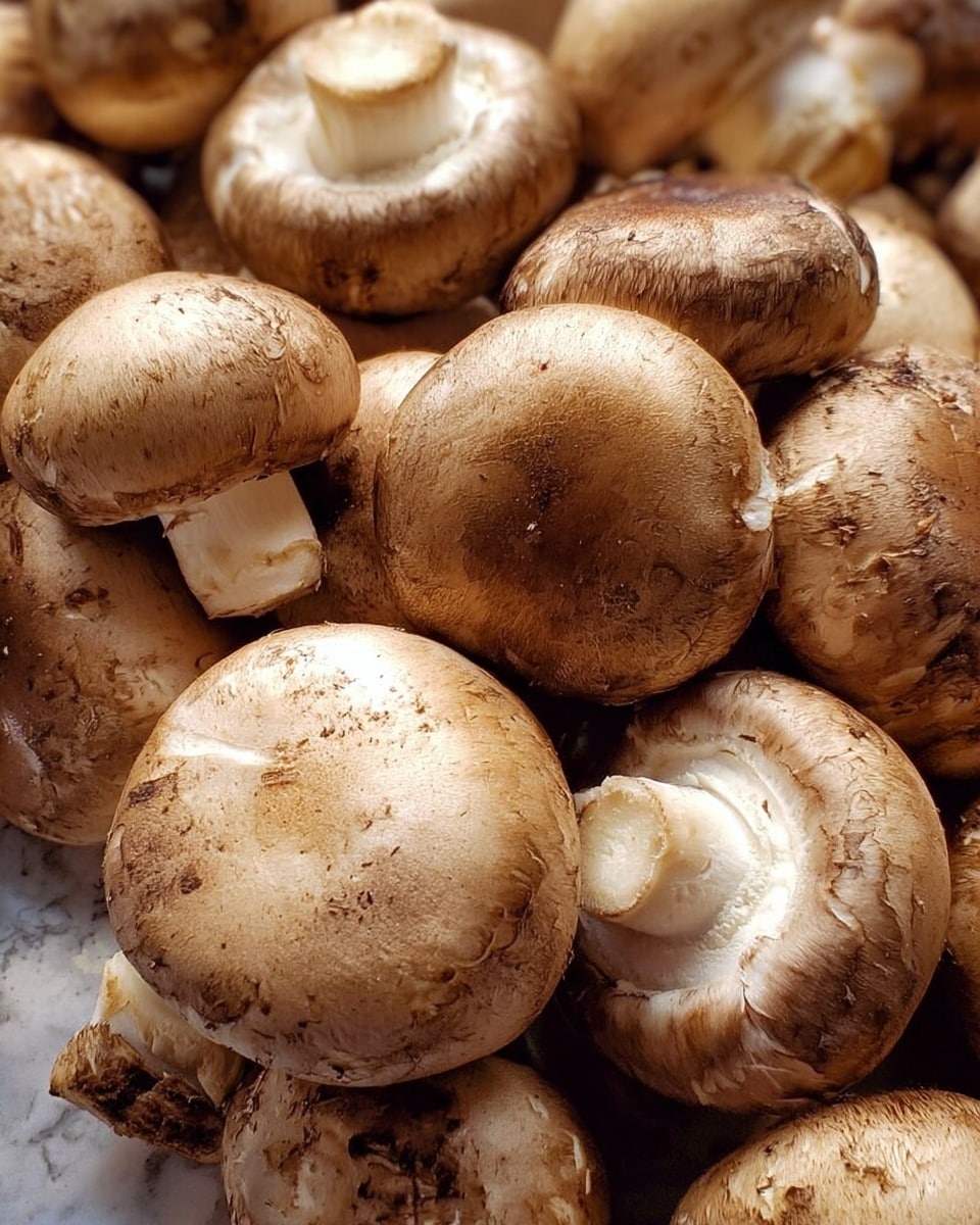 A close-up image of many brown mushrooms piled on top of each other, showing their round, smooth caps and thick stems, with some caps facing up and others showing the white gills underneath. The mushrooms have a natural, slightly rough texture with a mix of lighter and darker brown shades, all resting against a white marbled texture background. photo taken with an iphone --ar 4:5 --v 7
