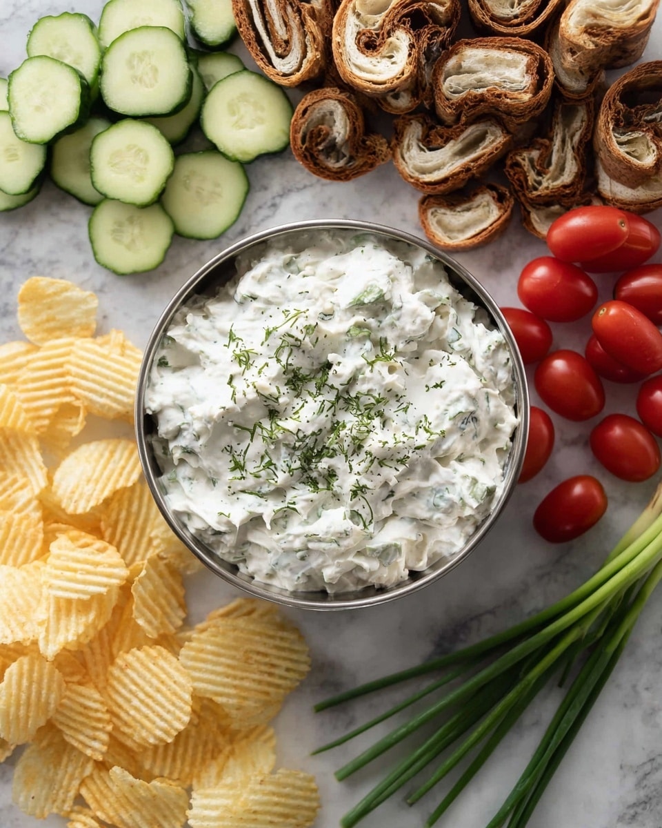 A round metal bowl filled with thick white creamy dip topped with green herbs sits in the center. Around the bowl are five groups of different snacks arranged on a white marbled surface: quartered pieces of brown and white swirled bread at the top right, bright red cherry tomatoes at the bottom right, light yellow wavy potato chips at the bottom left, pale green round cucumber slices at the top left, and fresh green onions with white bulbs on the right edge. The focus is on the fresh colors and textures of the food. Photo taken with an iphone --ar 4:5 --v 7