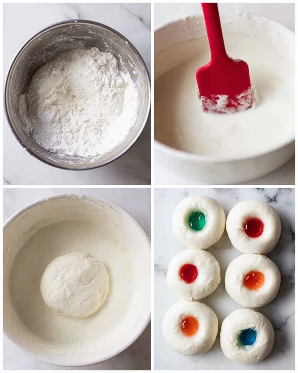 The image shows four stages of making a dough. The top left shows a mixing bowl with white powdery ingredients inside. The top right shows a red spatula stirring a smooth white batter or liquid in the same bowl. The bottom left shows thick, soft white dough in the bowl with the red spatula pressed gently into it. The bottom right shows six white dough pieces shaped like small donuts, each with a small dollop of different colored jelly (red, blue, orange, and green) in the center, placed on a white marbled surface. photo taken with an iphone --ar 4:5 --v 7
