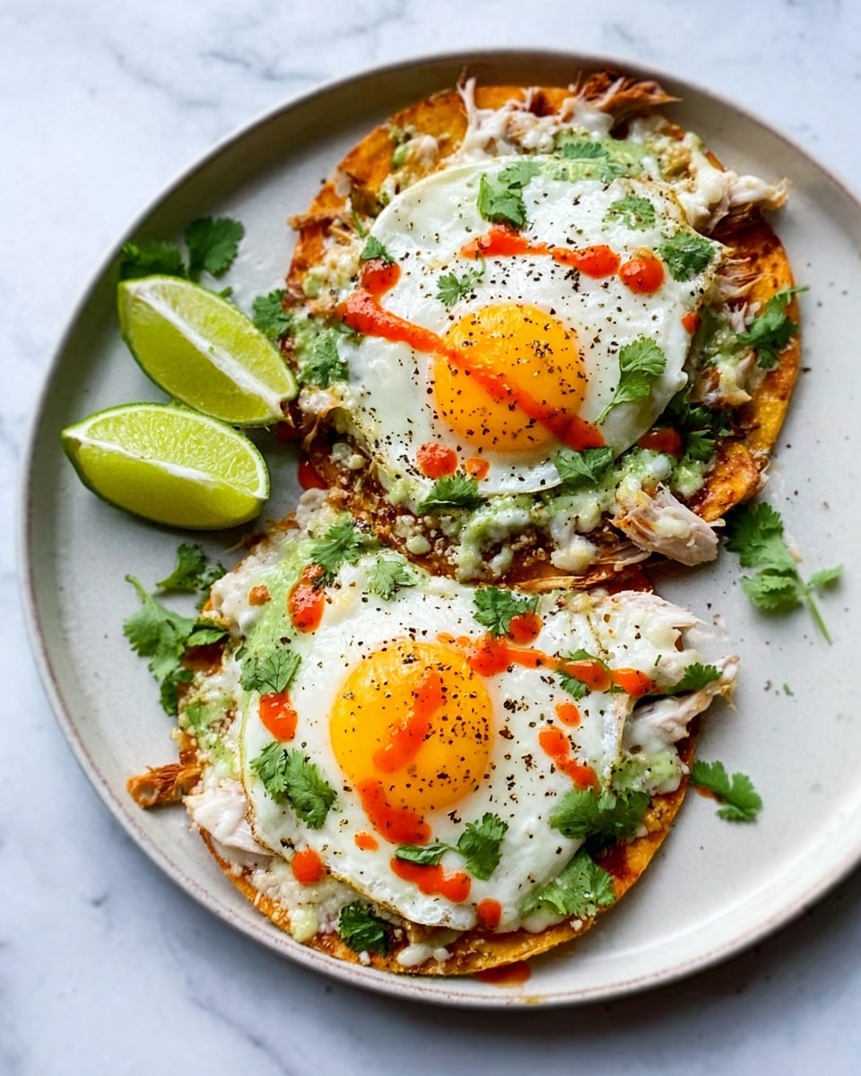 The image shows two tostadas on a large white plate set on a white marbled surface. Each tostada has a crispy base topped with cooked white chicken pieces, a layer of creamy white cheese or sour cream, and bright green chopped cilantro spread over. On top of these layers are two sunny side up eggs with soft yellow yolks and slightly runny whites, seasoned with black pepper. There are dots of bright red hot sauce drizzled across each tostada, adding color contrast. On the left side of the plate, there are two lime wedges with bright green skins placed next to the tostadas. The photo taken with an iphone --ar 4:5 --v 7