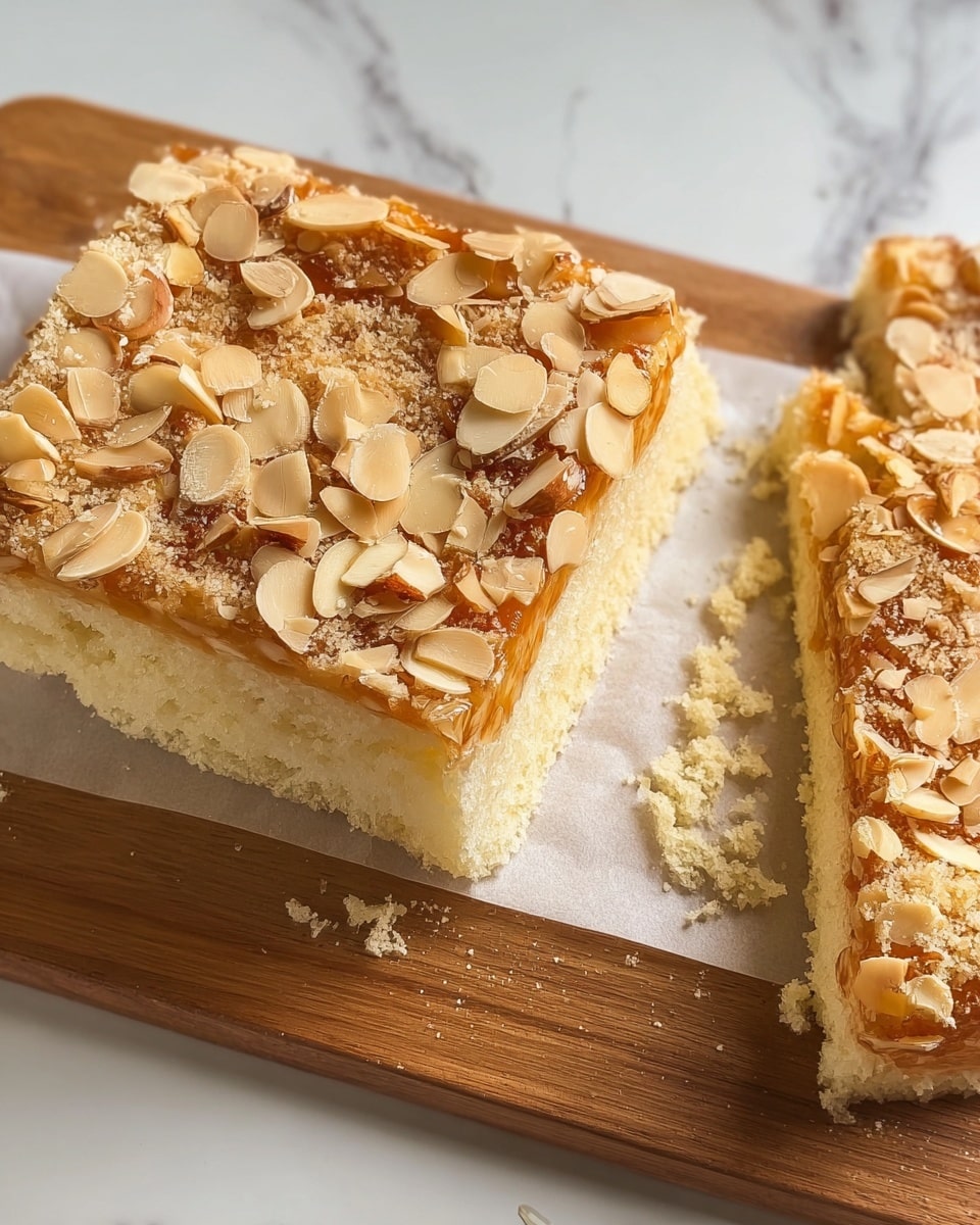 The image shows two layers of a square cake on a white marbled surface. The bottom layer is light beige and spongy, with a soft and airy texture, placed on a wooden cutting board. The top layer is a caramel-colored crunchy layer covered with a thick spread of sliced almonds that are golden brown and slightly shiny, resting on a white wooden board. The upper corner of the top layer is slightly cut off in a shiny metal baking tray. photo taken with an iphone --ar 4:5 --v 7