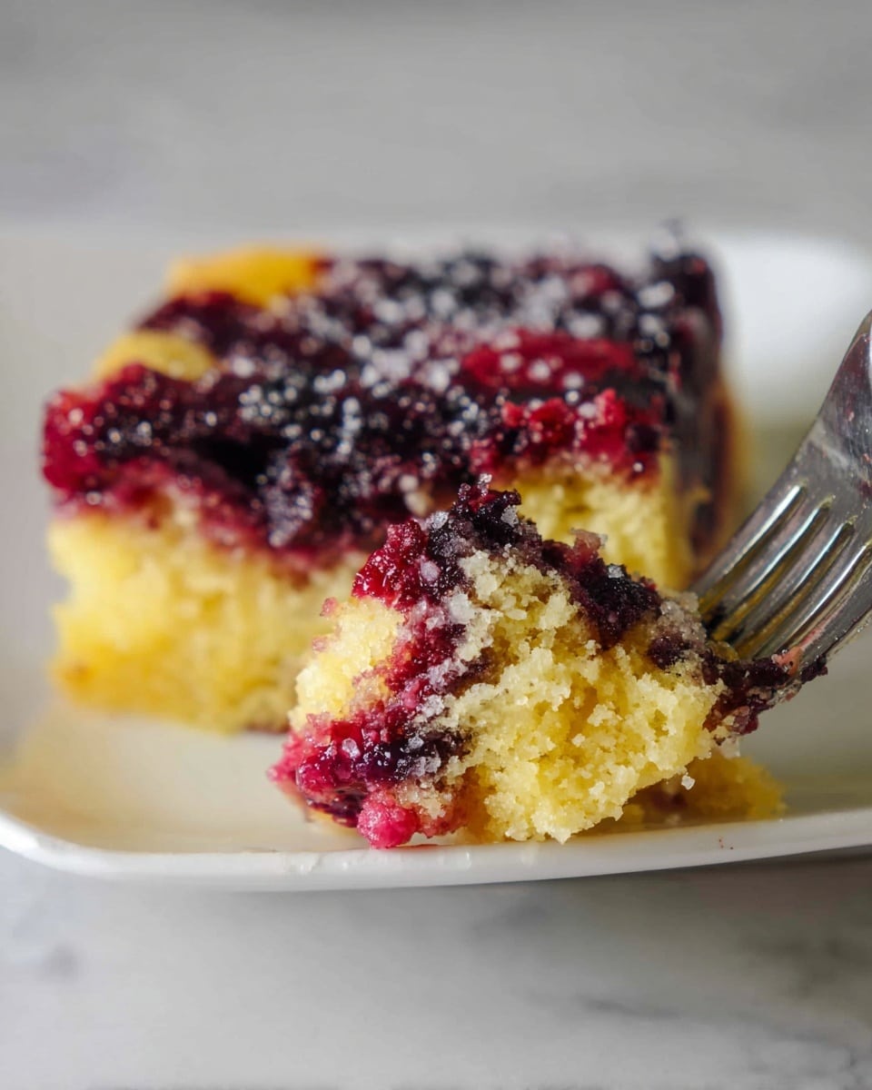 A piece of cake with two visible layers sits on a white plate with a white marbled surface background; the bottom layer is soft and yellow with a light crumbly texture, while the top layer is a mix of dark purple and red berries, appearing moist and slightly shiny with sugar crystals on top. A close-up fork holds a bite of the cake showing both the yellow layer and the red-purple berry layer clearly. Photo taken with an iphone --ar 4:5 --v 7
