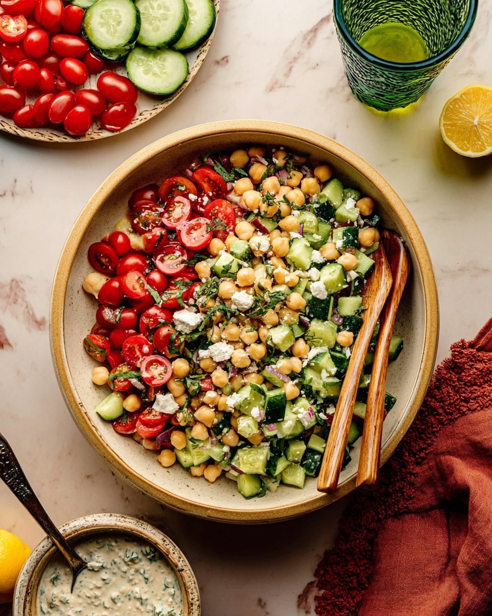 A large beige bowl holds a colorful salad with three layers: the bottom layer is small pale beige chickpeas, the middle layer is bright green chopped cucumber cubes with some sprinkled herbs, and the top layer is halved red cherry tomatoes and small white feta cheese pieces, with fresh green herb leaves scattered across. Two wooden utensils with light wooden handles rest inside the bowl, leaning against the right edge. Around the bowl on a white marbled surface are a white plate with cucumber slices and vine tomatoes clustered bright red, a green glass with a woven sleeve, a halved yellow lemon, a brown red cloth napkin folded, and a small round white bowl with creamy white sauce mixed with green herbs. Photo taken with an iphone --ar 4:5 --v 7