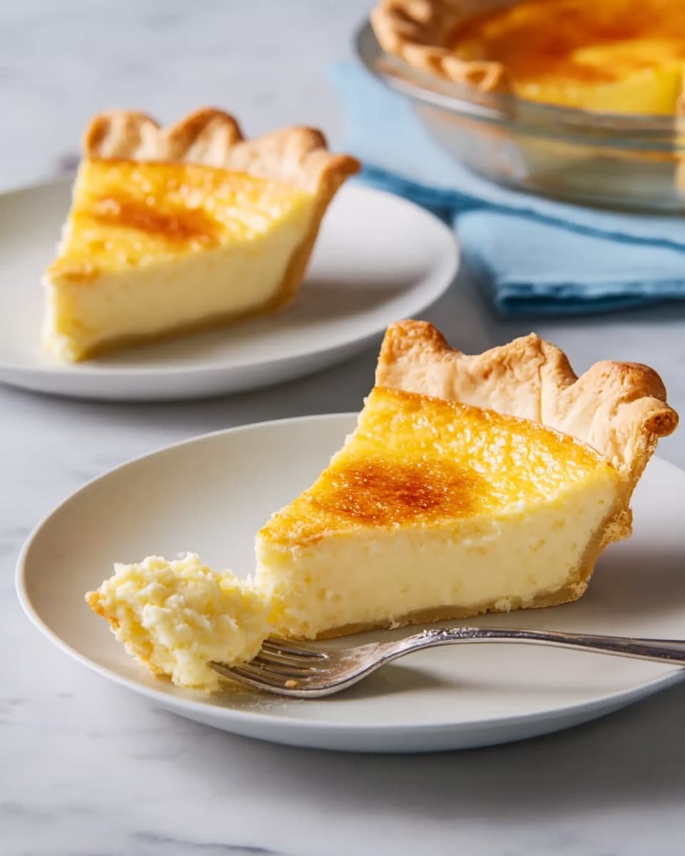 The image shows a pie with one slice removed, placed in a clear glass pie dish on a white marbled surface. The pie has a light golden-brown top layer with a soft, smooth texture. The thicker crust around the edges is pale beige with a slightly crimped pattern. Inside, the filling looks creamy and white, with a dense but soft appearance. In the background, a white plate with a fork and a knife rests on a white marbled surface. photo taken with an iphone --ar 4:5 --v 7