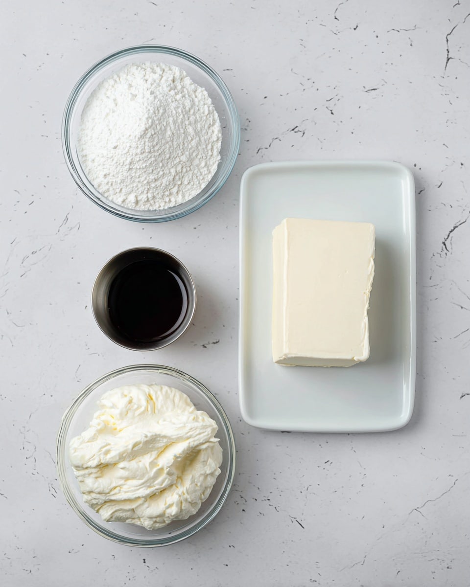 The image shows four ingredients arranged on a white marbled surface. At the center top is a clear glass bowl filled with a white powdery substance, likely powdered sugar. At the center right is a white rectangular plate holding a smooth, solid block of cream cheese. At the bottom left is another clear glass bowl filled with a thick, soft, and creamy white substance resembling whipped cream or cream cheese. At the center left there is a small steel cup with a dark liquid inside. The setup is clean and minimal, photographed from above on a white marbled surface. photo taken with an iphone --ar 4:5 --v 7
