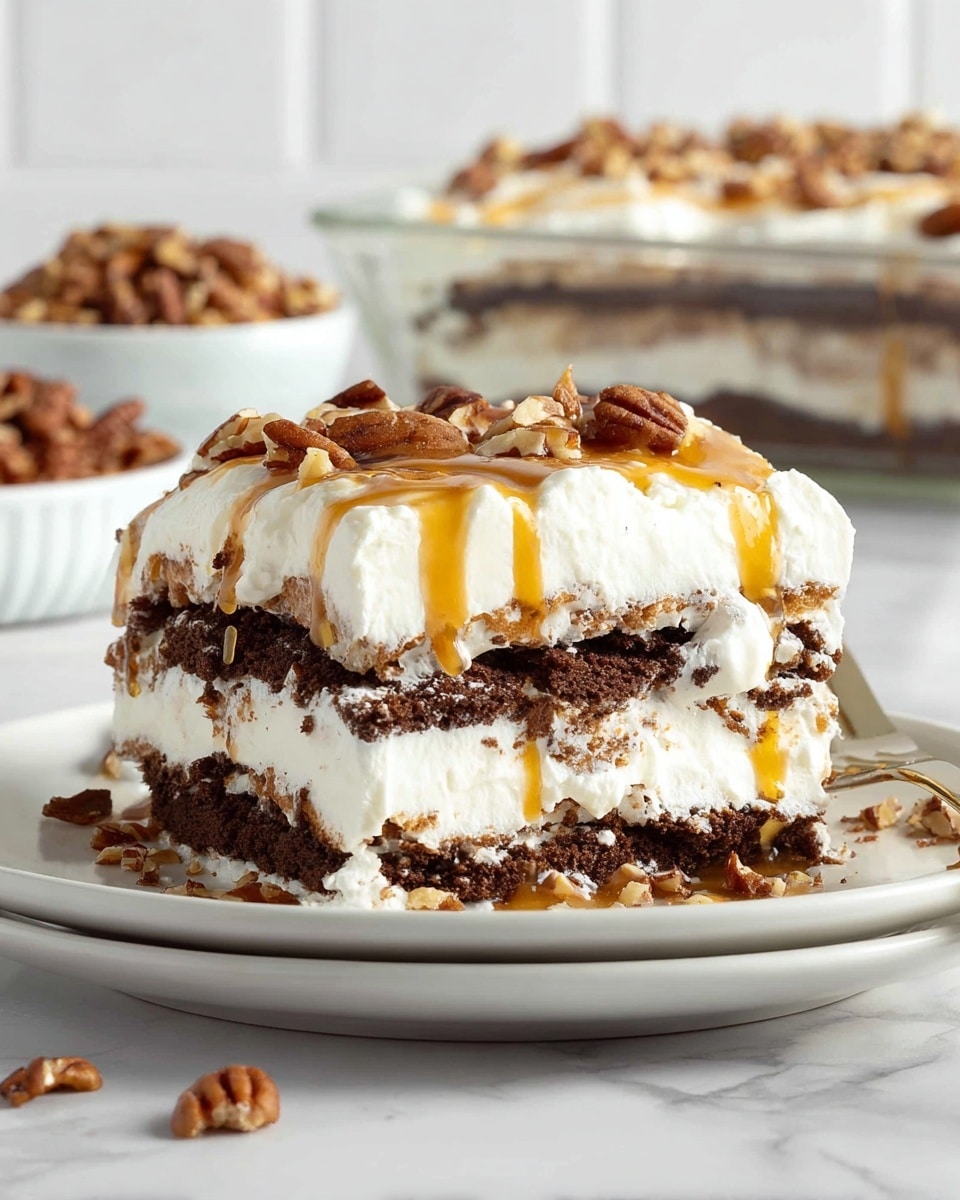 A thick slice of layered dessert on a white plate, showing four layers: dark brown chocolate cookie layers alternating with thick, soft white cream layers. The top layer is creamy white with a thin drizzle of golden caramel sauce and scattered light brown pecan pieces. The dessert looks soft and creamy with some melting around the edges. The background shows a white marbled surface with a glass dish of more dessert and a white bowl of pecans slightly out of focus. photo taken with an iphone --ar 4:5 --v 7