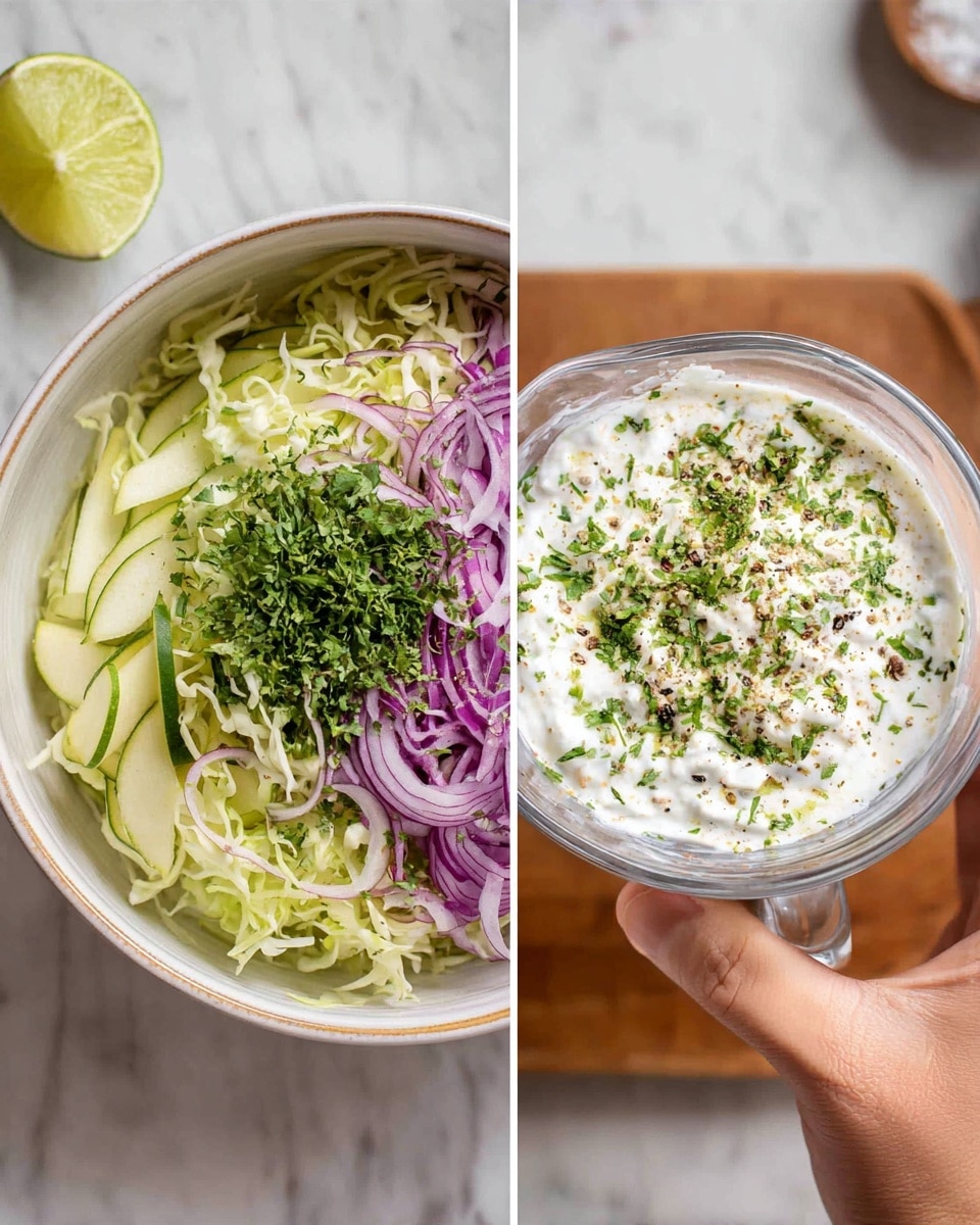 The image shows two side-by-side close-up shots. On the left, a white bowl is filled with a mix of thin, pale green slices of apple, light green shredded cabbage, bright purple thin onion slices, and finely chopped green herbs piled in the center, all resting on a white marbled surface with a cut lime nearby. On the right, a woman's hand holds a small clear measuring cup containing white creamy yogurt topped with chopped green herbs and sprinkled with black pepper, above the same bowl from the first image. Photo taken with an iphone --ar 4:5 --v 7