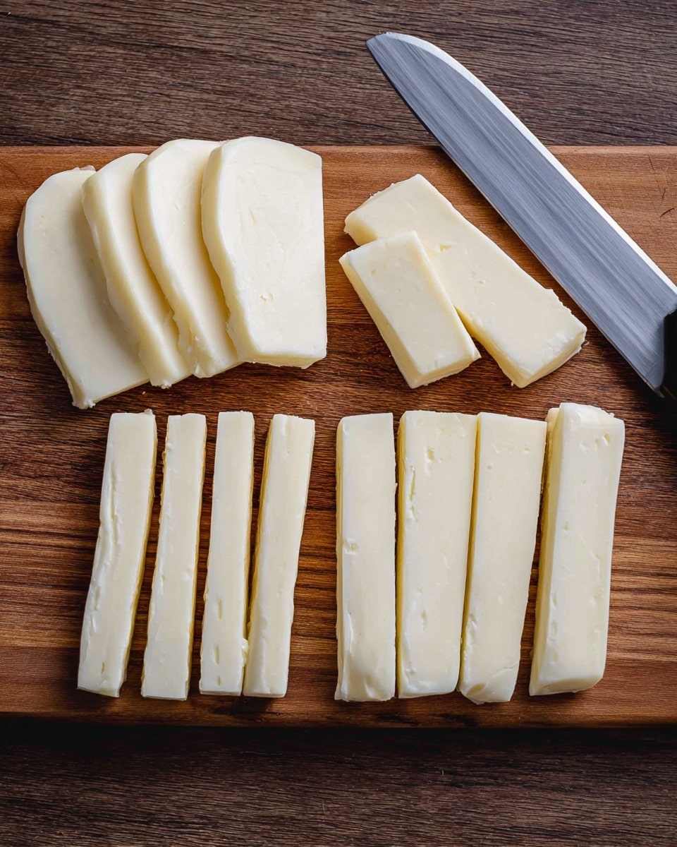 The image shows a wooden board with pieces of white cheese cut into different shapes and sizes. On the top left side, there are four thick slices of cheese, smooth and creamy, arranged in a slight curve. Below these slices are seven long, rectangular sticks of cheese neatly lined up side by side. The surface of the cheese looks soft and fresh with clean edges. On the top right corner of the wooden board lies a large knife with a shiny metal blade and a black handle. The photo taken with an iphone --ar 4:5 --v 7