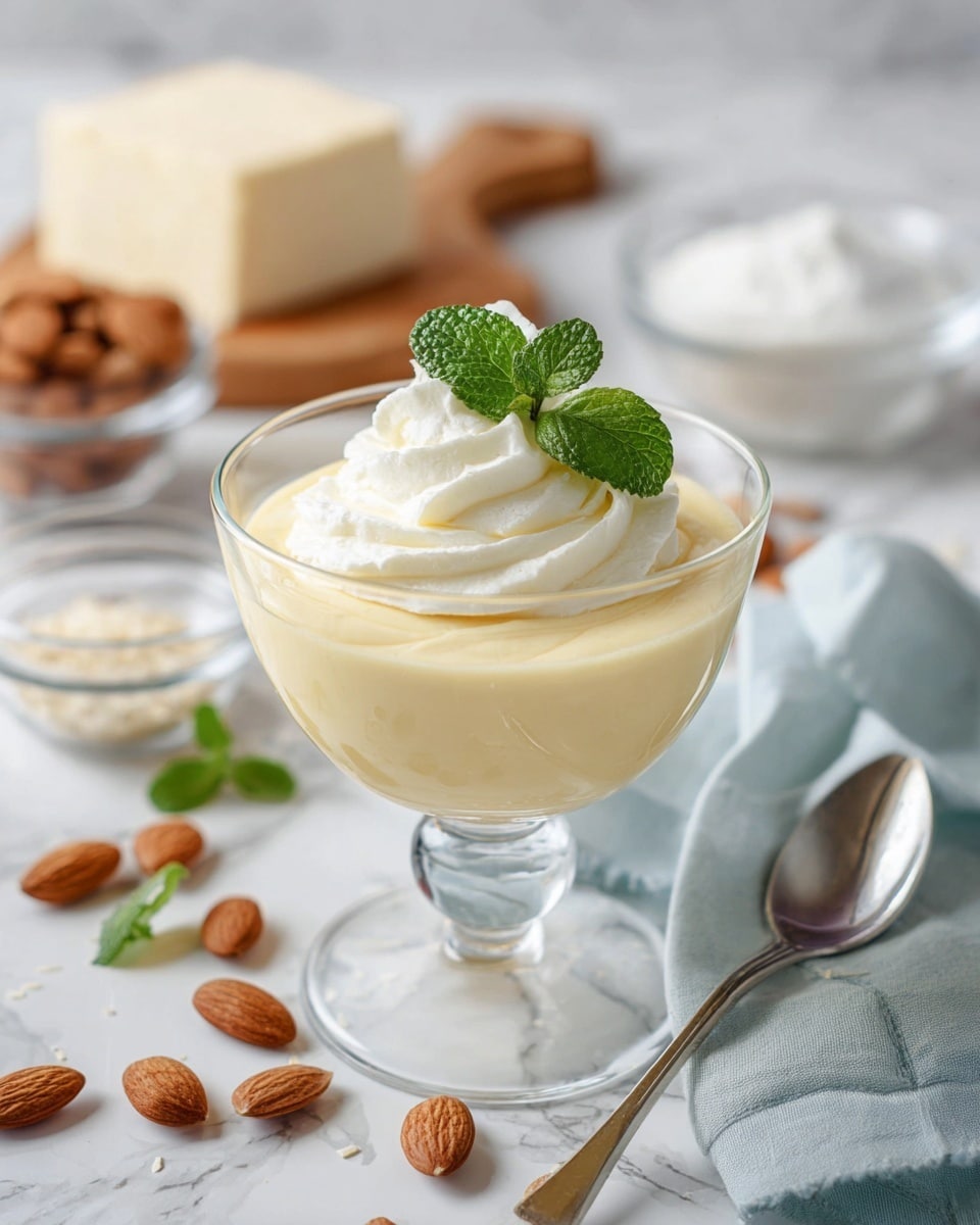 A clear glass dessert cup filled with a smooth, pale yellow pudding forms the bottom layer. On top of the pudding sits a swirl of white whipped cream, garnished with two fresh green mint leaves. The dessert cup is placed on a white marbled surface, next to a silver spoon resting on a folded light blue cloth. Around the cup, scattered light brown almonds and two clear glass bowls, one filled with whole almonds and the other with a white powder, can be seen. In the soft background, a wooden cutting board holds a block of white cheese. Photo taken with an iphone --ar 4:5 --v 7