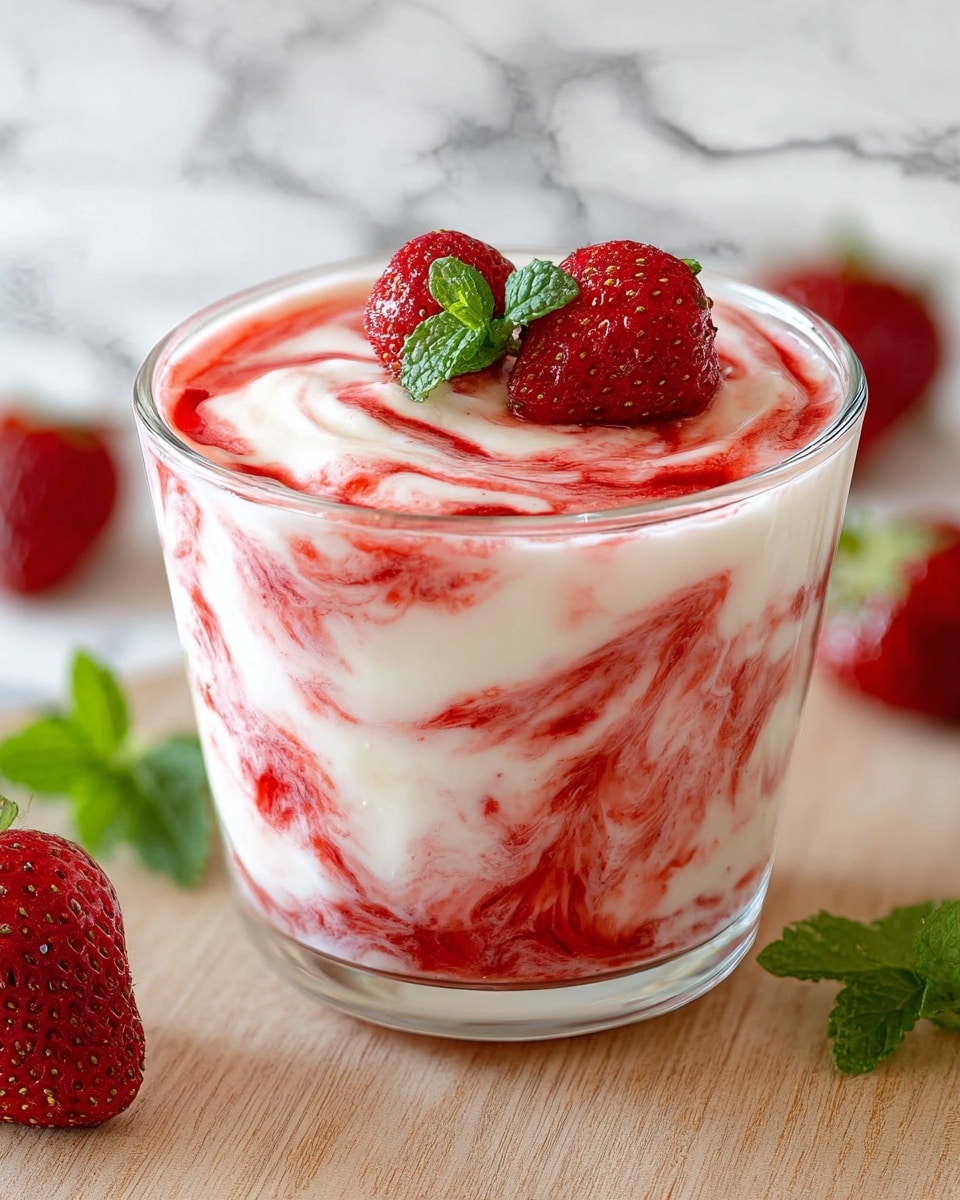 A clear glass cup filled with creamy white yogurt mixed with bright red strawberry sauce swirled evenly throughout. On the top, two whole fresh strawberries are placed, along with a small green mint leaf for garnish. The glass sits on a light wooden surface with a white marbled background, and there are additional strawberries and mint leaves around the base. The colors are vibrant, with the red strawberries and green mint standing out against the creamy white yogurt. Photo taken with an iphone --ar 4:5 --v 7