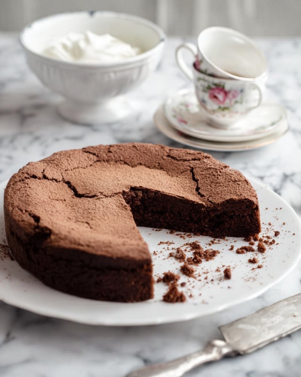 A round chocolate cake with one large slice removed sits on a white plate showing the dark brown moist inside and lighter brown crusty top with small cracks. Brown crumbs scatter on the plate inside the missing slice area. Behind the plate, there is a white bowl filled with white cream and two stacked white teacups with floral designs on a white marbled surface. A silver cake server rests next to the bowl. Photo taken with an iphone --ar 4:5 --v 7