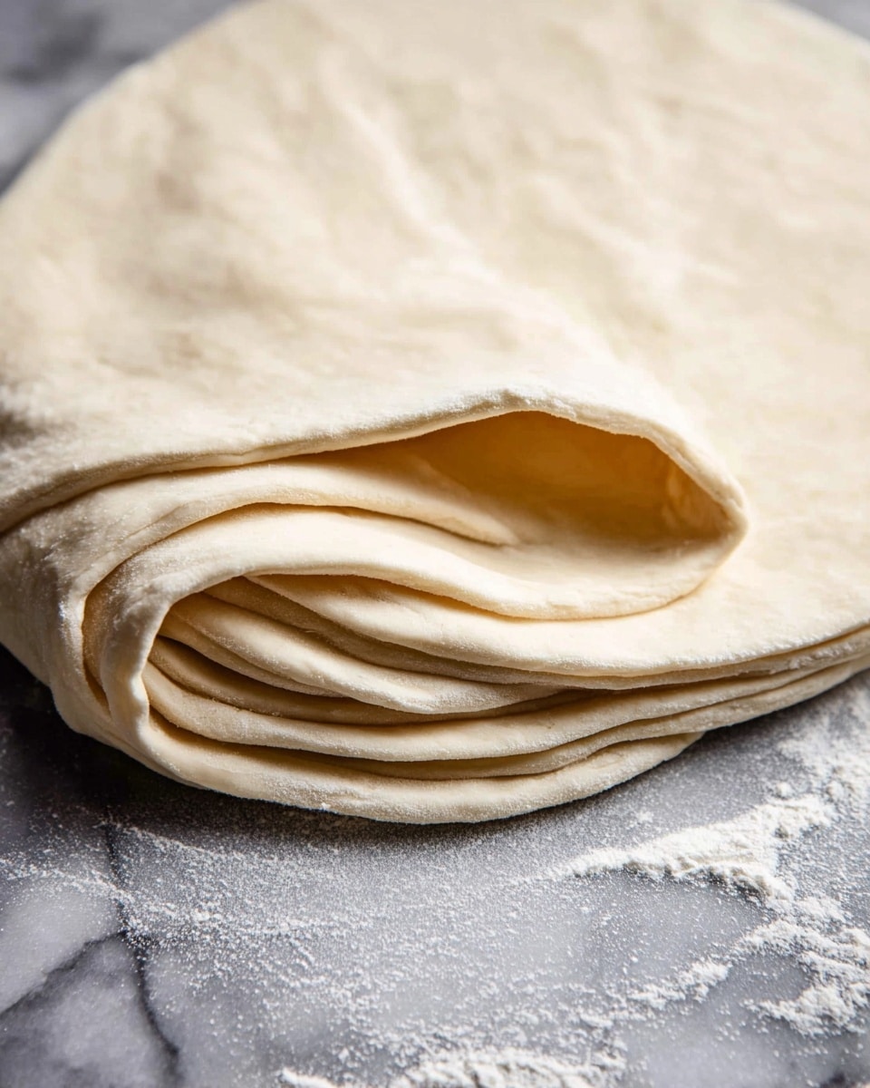 A stack of soft, light beige dough layers lies flat on a white marbled surface sprinkled with flour. The dough is thin and smooth with a slight stretch visible on the top layer, which is folded back to show the layered texture underneath. The layers have a slightly uneven round shape with gentle folds, creating a soft and pliable look. Photo taken with an iphone --ar 4:5 --v 7