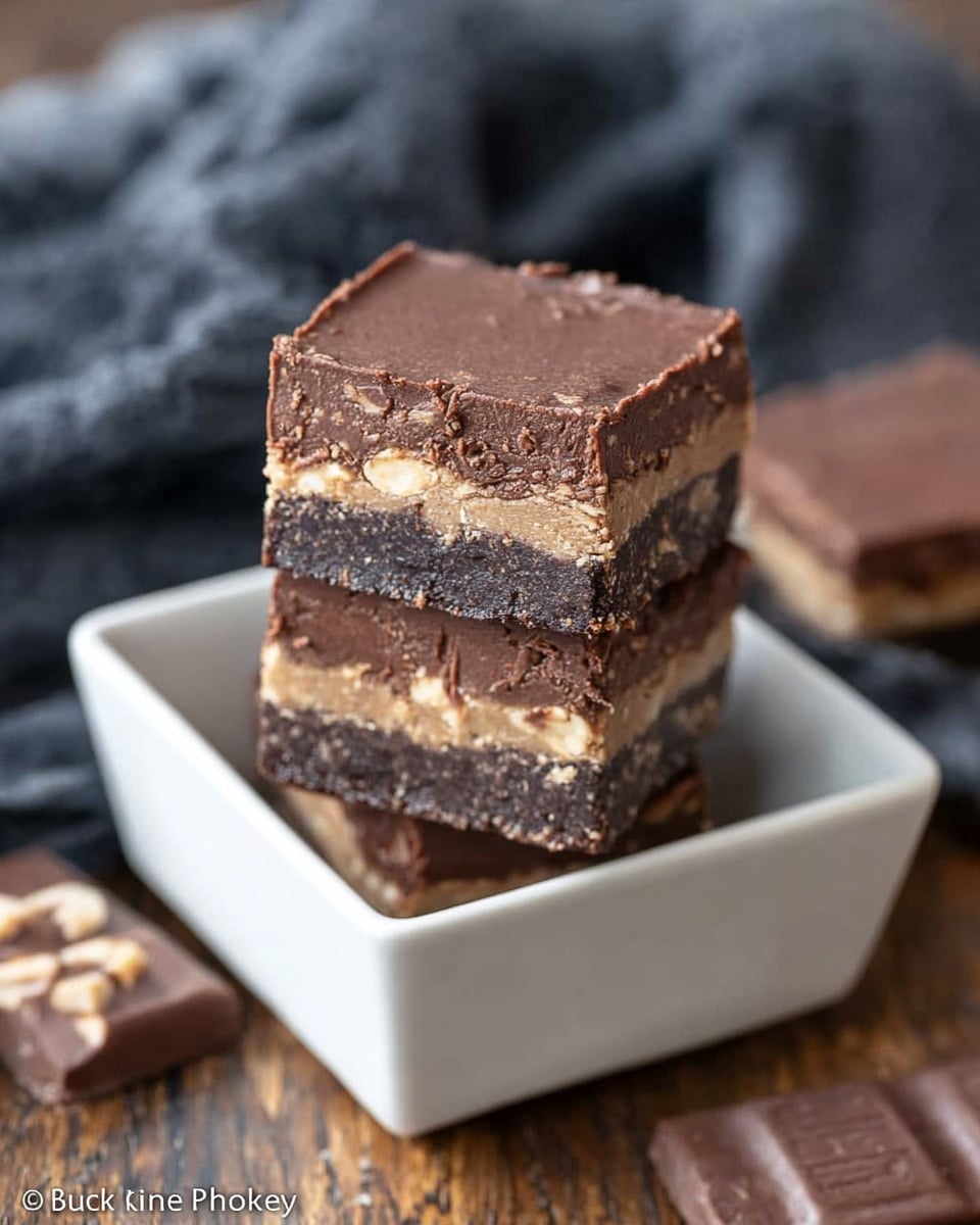The image shows three stacked dessert squares in a small white square bowl placed on a wooden surface with some chocolate bars on the side. Each square has three layers: a thick dark brown top and bottom layer with a smooth texture, and a middle lighter brown layer filled with visible peanuts, creating a crunchy look. A dark gray cloth is loosely arranged in the background, which has a blurred effect. The photo is taken with an iphone --ar 4:5 --v 7