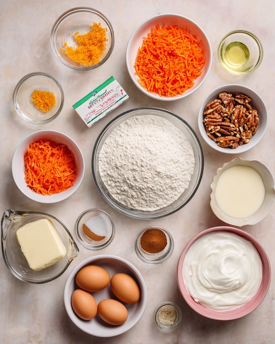 The image shows an overhead view of various baking ingredients arranged neatly on a white marbled surface. In the center, there is a large clear glass bowl filled with white flour. Surrounding it in a roughly circular pattern are different sized white bowls containing bright orange shredded carrots, chopped pecans, and a rectangular block of cream cheese. There is a small glass bowl with orange zest, a small white bowl with light brown sugar, and another small bowl with ground cinnamon. A clear glass measuring cup holds a light yellow oil, while another clear glass measuring cup contains white milk. A pale pink bowl holds three brown eggs, and a pink bowl has a thick white creamy substance. There is also a white container of Betty Crocker whipped cream cheese among all the items. Vanilla extract in a tiny white bowl and a small bowl of ground nutmeg or cinnamon complete the arrangement. Every item is carefully spaced to show texture and color contrast. Photo taken with an iphone --ar 4:5 --v 7