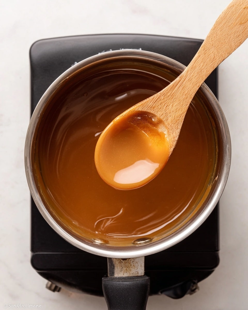A metal pot filled with smooth, shiny caramel sauce that has a rich golden brown color. A wooden spoon is held above the pot, showing the thick caramel coating the spoon's surface. The pot is placed on a black electric stove, and the whole setting rests on a white marbled surface. The image focuses closely on the pot and spoon, highlighting the glossy texture of the caramel. photo taken with an iphone --ar 4:5 --v 7