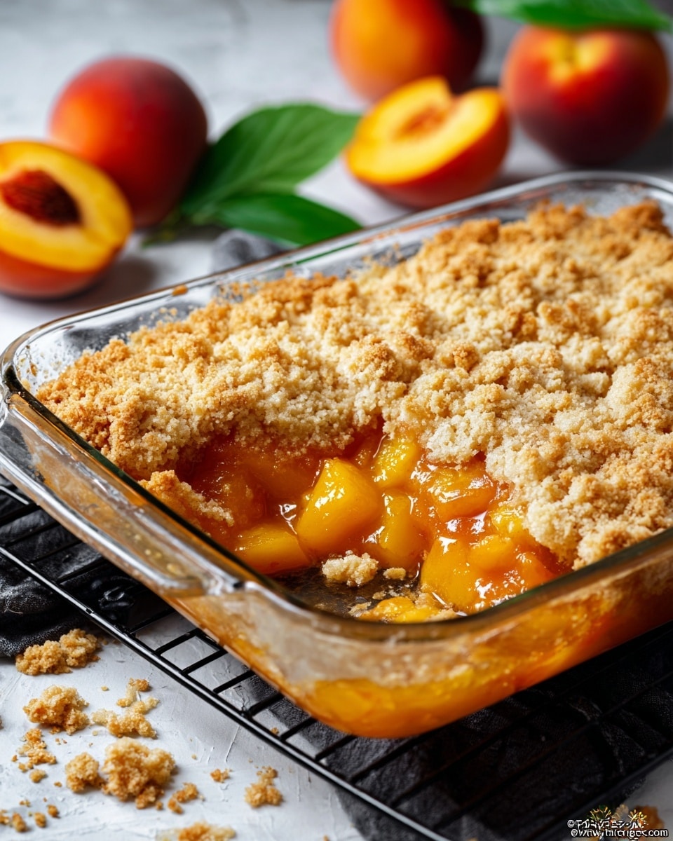 A clear glass baking dish contains a peach cobbler with three visible layers: the bottom layer is made of bright orange peach chunks in a glossy syrup, the middle layer is thick with a translucent orange juice, and the top layer is a golden brown crumbly crust with an uneven textured surface. Part of the crust is scooped out, showing the juicy peaches underneath. The dish is placed on a dark rack with crumbled bits around it. In the background, whole and halved peaches with green leaves are visible, set against a white marbled textured surface. Photo taken with an iphone --ar 4:5 --v 7