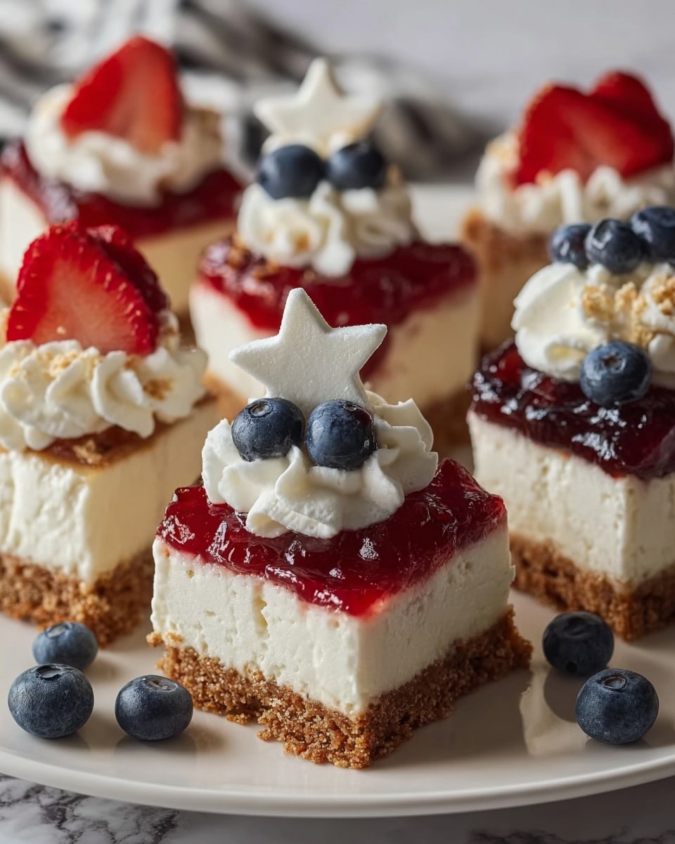 The image shows small square cheesecake desserts on a white plate with a crumbly brown base layer. On top of the base, there is a thick creamy white layer of cheesecake filling. This is followed by a layer of whipped cream piped in a ring around the edges. Each cheesecake is topped with a shiny red or dark red fruit topping, with some decorated with fresh blueberries or small red strawberry pieces. A white star-shaped dollop of cream sits in the center on top of the fruit. A few loose blueberries are scattered on the white marbled surface around the plate. photo taken with an iphone --ar 4:5 --v 7