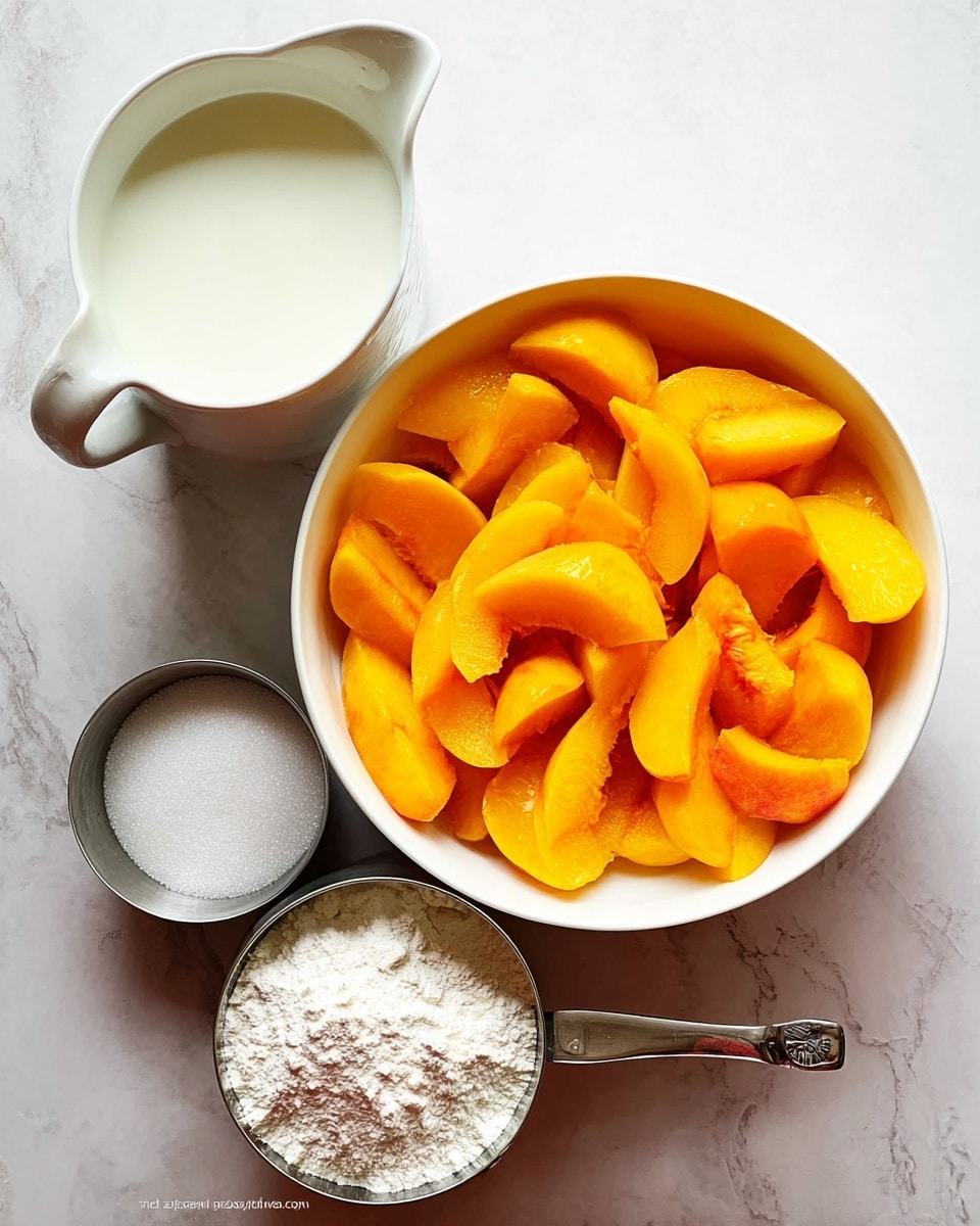 A white bowl filled with many pieces of bright orange sliced peaches, placed on a white marbled surface. To the right of the bowl, there are two measuring cups; the upper one has white milk, and the lower one is filled with granulated white sugar. Below the bowl, there is a third measuring cup filled with white flour. All the items are arranged neatly on the white marbled background, showing a clean and simple setup. Photo taken with an iphone --ar 4:5 --v 7