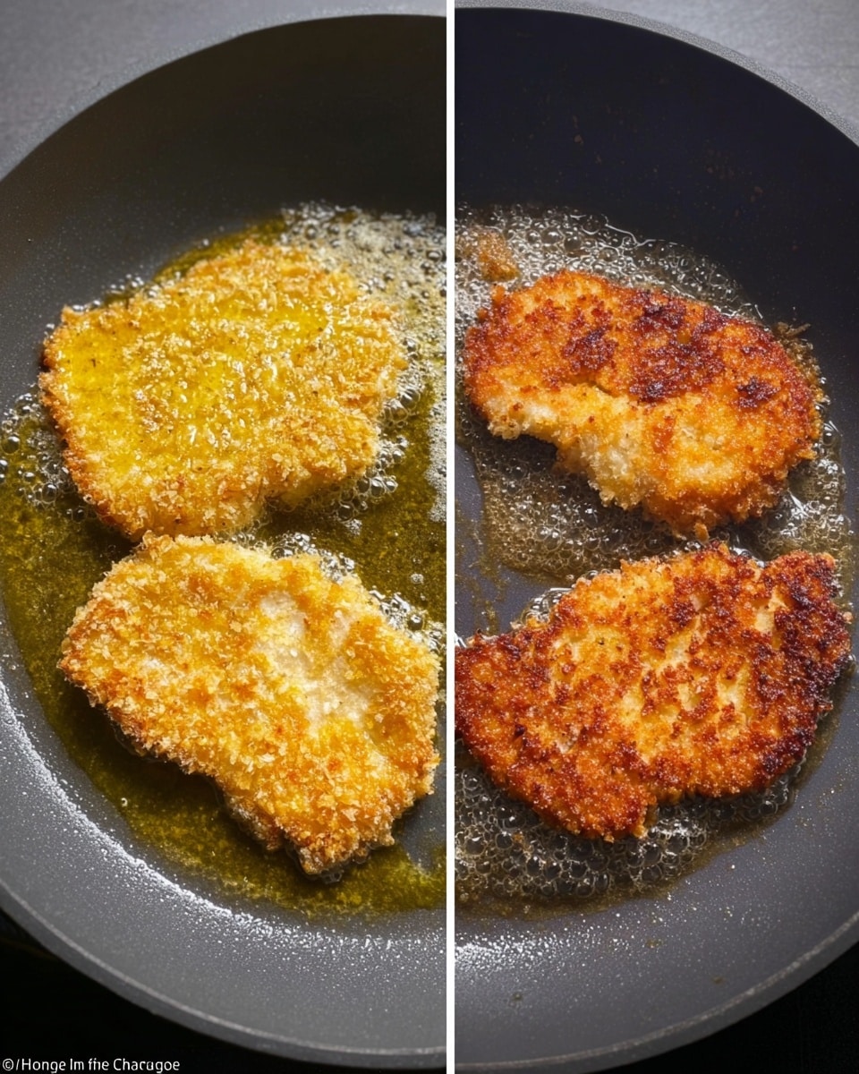 The image shows two stages of cooking breaded pieces in a dark gray non-stick pan. On the left side, three pieces are frying, covered in a layer of yellow egg wash and light brown crumbs, with some oil bubbling around the edges. On the right side, the same pieces are golden brown and crispy, showing a rough texture with uneven edges. The oil continues to bubble gently beneath the crisped breading. photo taken with an iphone --ar 4:5 --v 7
