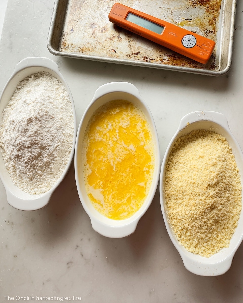 Three white oval dishes side by side on a white marbled surface form a breading setup. The left dish has a layer of white flour with a rough texture, while the middle dish contains a mixed yellow beaten egg layer with light and darker yellow spots. The right dish is filled with a light beige breadcrumb layer that shows a slightly coarse, crumbly texture. An orange digital thermometer lies behind the dishes above a metal tray with brown residue. Photo taken with an iphone --ar 4:5 --v 7