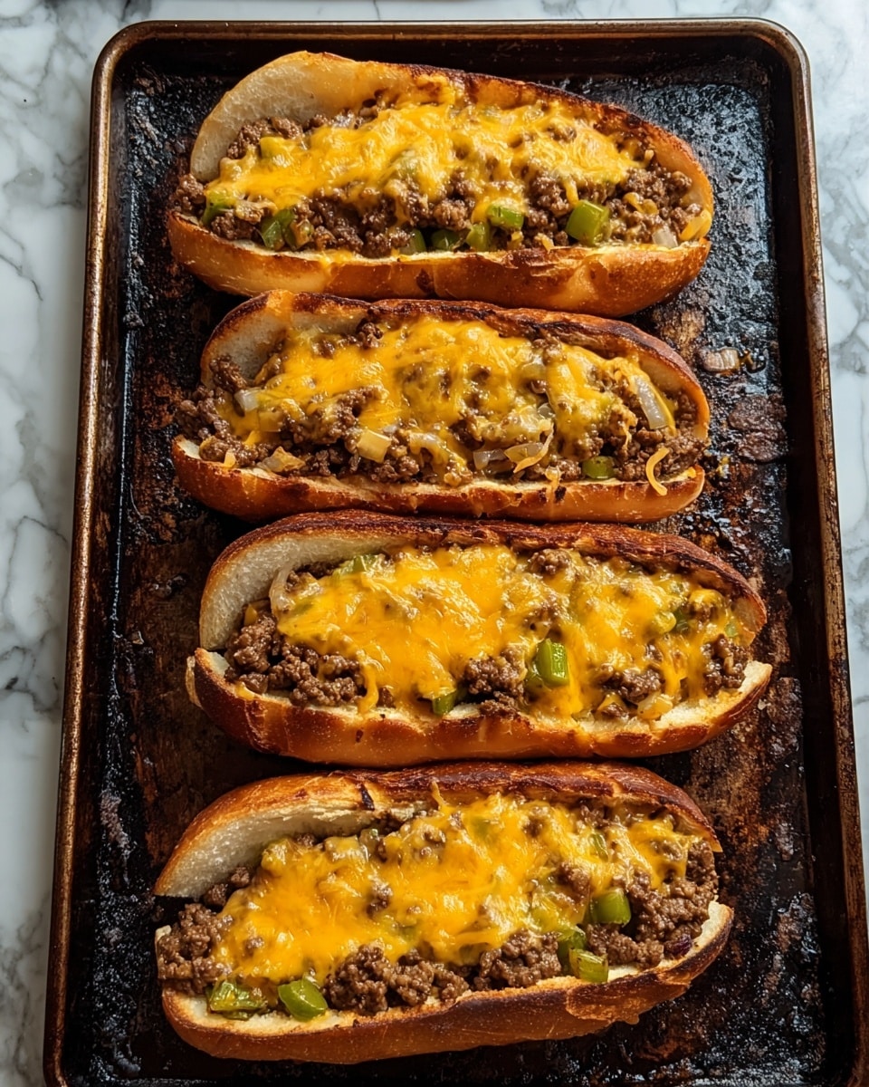 Four toasted hoagie rolls are lined up on a dark baking tray with some burnt spots. Each hoagie roll has one main layer filled with cooked ground beef mixed with small pieces of green bell pepper and diced onion. On top of the beef layer, melted shredded cheddar cheese is spread evenly, bright orange and glossy. The bread is golden brown and crisp on the outside. The background shows a white marbled surface next to the tray. photo taken with an iphone --ar 4:5 --v 7