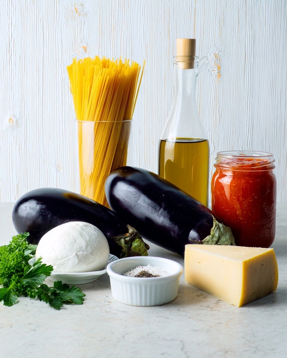 The image shows a neat arrangement of ingredients on a white marbled surface with a white wooden panel background. At the front right, there are two large shiny dark purple eggplants lying side by side, with some fresh green parsley placed beneath them. To the left, there is a small white plate holding a ball of soft white mozzarella cheese. Next to it, a small divided white dish contains black pepper and salt. Behind the mozzarella sits a small white cup filled with light beige grated Parmesan cheese. Standing tall behind these items is a clear glass filled with uncooked yellow spaghetti strands. To the right of the spaghetti, there is a tall clear glass bottle with golden olive oil. On the far right, there is a glass jar filled with bright red marinara sauce, and a block of pale yellow Parmesan cheese resting beside it. Photo taken with an iphone --ar 4:5 --v 7