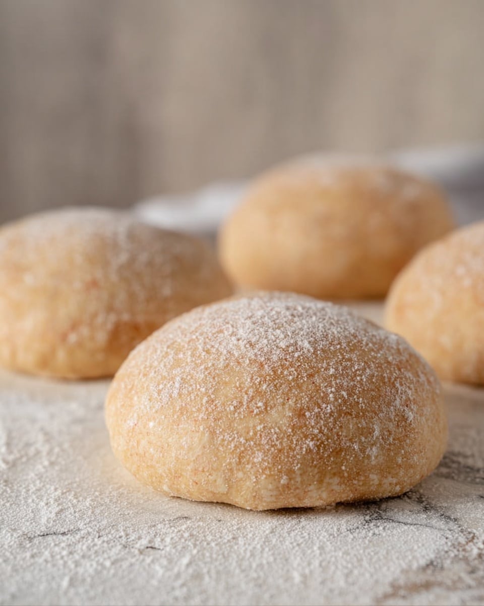 The image shows four round dough balls resting on a white marbled surface dusted lightly with flour. Each dough ball has a soft, browned, slightly rough texture with a light sprinkle of flour on top. The dough looks smooth and well-risen, with a natural golden-brown color. They are placed with some space between each other, and the background is softly blurred with neutral tones. photo taken with an iphone --ar 4:5 --v 7