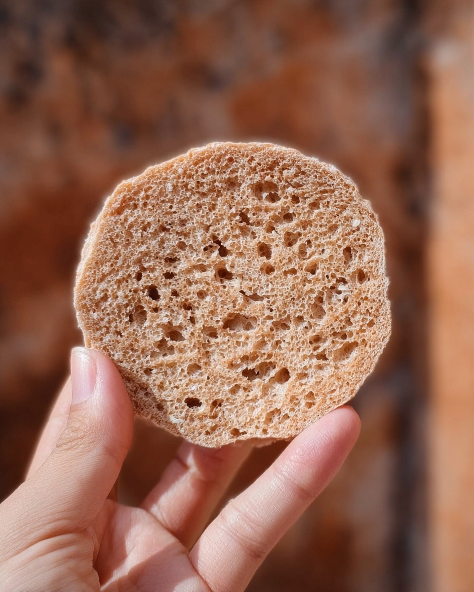 A close-up image of a woman's hand holding a single round piece of light brown bread with a rough, porous texture. The bread is thin and looks soft, with small air holes across its surface. In the background, there is a blurred warm-toned surface which is not the main focus. photo taken with an iphone --ar 4:5 --v 7