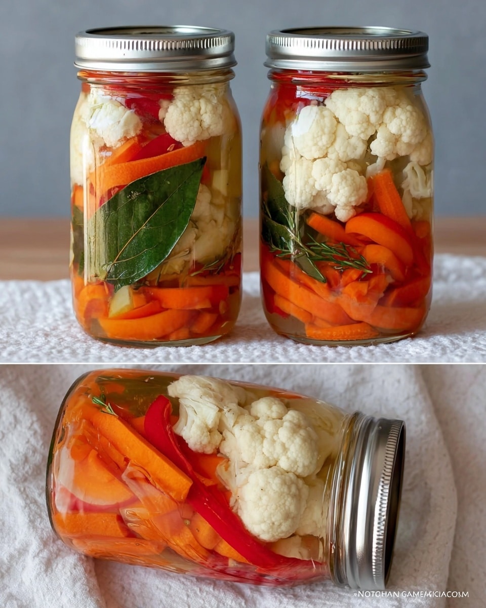 The image shows two clear glass jars filled with pickled vegetables on a white cloth with a subtle pattern, set against a soft gray background. Each jar has three main layers of colorful vegetables: bright white cauliflower florets with a slightly bumpy texture at the top, bright orange carrot slices that are round and smooth scattered throughout, and thin strips of red bell pepper adding a vibrant red contrast. One jar has a large green bay leaf and sprigs of leafy dark green herbs, creating a fresh look inside the jar. The liquid in the jars is clear, showing the vegetables suspended in it clearly. The jars have shiny silver metal lids tightly sealed. The photo is taken with an iphone --ar 4:5 --v 7