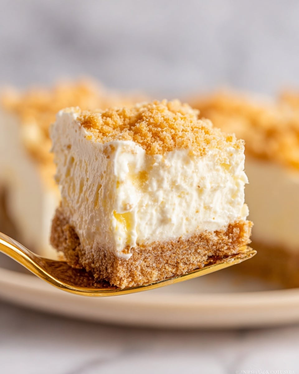 A close-up view of two layers in a dessert held on a gold fork: the bottom layer is a crumbly, light brown crust with a grainy texture, and the top layer is thick, creamy white filling that looks soft and smooth with tiny bits of a pale yellow mix inside. The blurred background shows a white marbled surface and more of the dessert piece. photo taken with an iphone --ar 4:5 --v 7