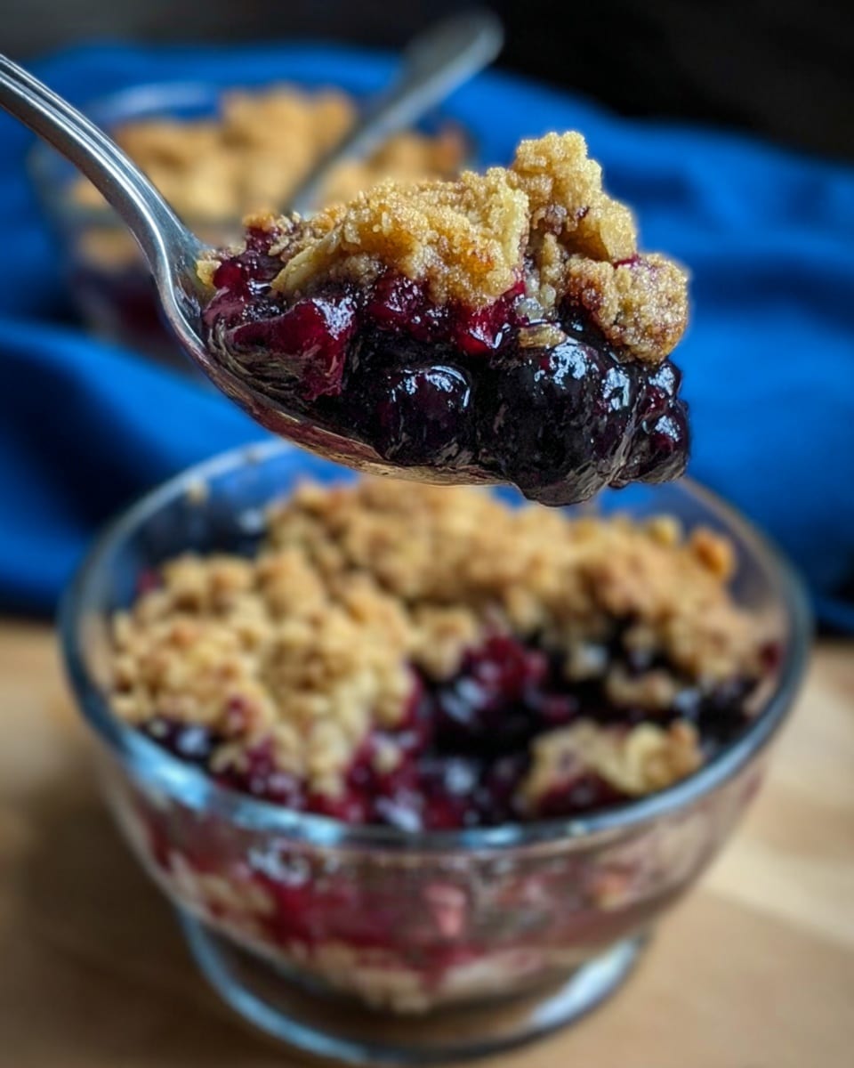 The image shows a close-up of a spoon held by a woman's hand, lifting a portion of a dessert from a clear glass bowl. The dessert has three visible layers: the top layer is a golden-brown crumbly oat topping with a rough texture, the middle layer is a very dark purple, almost black, juicy berry filling with slight shine and moisture, and the bottom layer remains mostly hidden but appears to be more berry filling mixed with the oat base. Another similar glass bowl with the same dessert is blurred softly in the background, sitting on a wooden surface, and the background is a blue cloth. The overall image is focused on the spoonful showcasing the layered textures and colors. Photo taken with an iphone --ar 4:5 --v 7