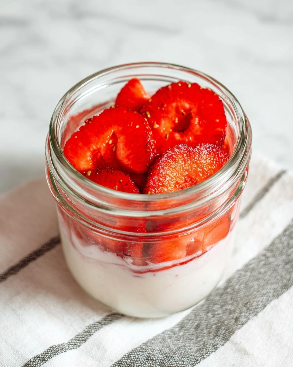 A clear glass jar sits on a white marbled surface with a white and gray striped cloth next to it. Inside the jar, there are about two layers: the bottom layer is a light pink creamy yogurt, and on top, there is a layer of bright red sliced strawberries arranged neatly around the inside edge of the jar, showing their seeds and juicy texture. The strawberries are fresh and glistening, contrasting with the smooth yogurt below. Photo taken with an iphone --ar 4:5 --v 7