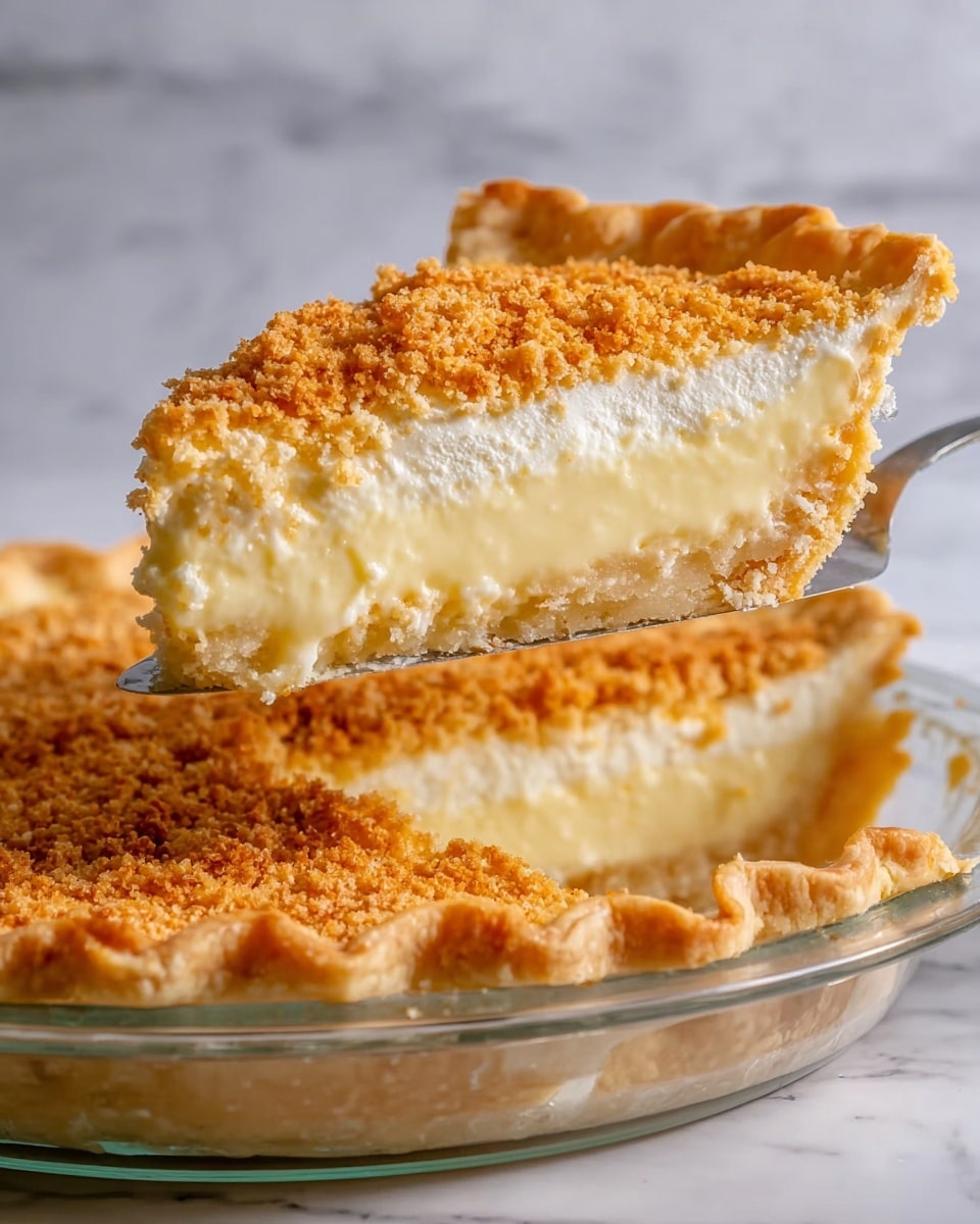 The image shows a close-up of a slice of pie being lifted by a metal pie server above a clear glass pie dish. The pie has three visible layers: the bottom layer is a smooth, pale yellow custard, the middle layer is a thick, light creamy filling, and the top layer is a golden-brown toasted crumb topping with a rough texture. The pie crust is light golden and flaky with wavy edges. The background is a white marbled surface. Photo taken with an iphone --ar 4:5 --v 7
