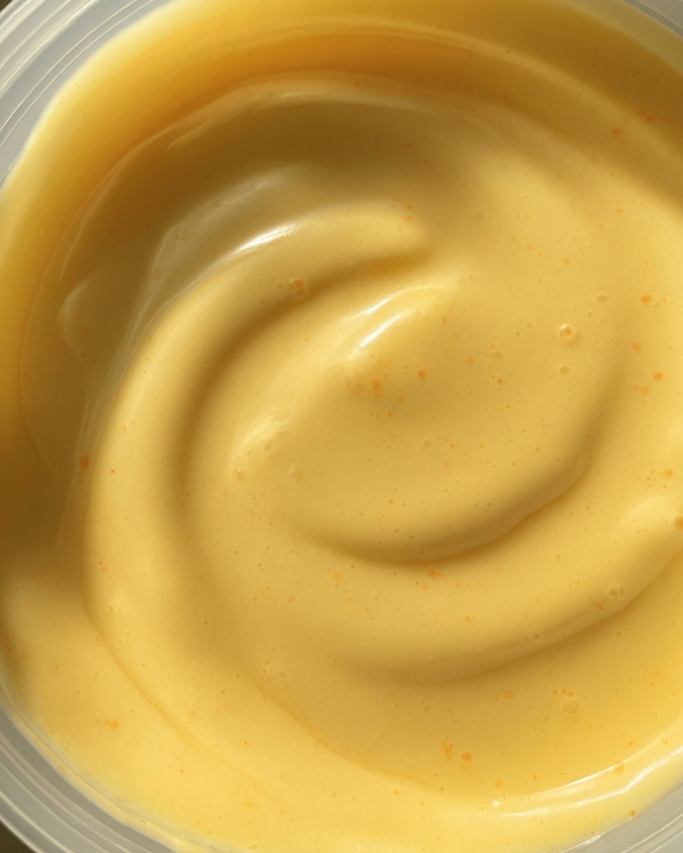 The image shows a close-up of a smooth, thick yellow sauce or custard inside a white plastic container. The surface of the sauce is even with slight ripples and has a creamy texture. The container’s round shape is clearly visible, and the background is changed to a white marbled texture. photo taken with an iphone --ar 4:5 --v 7