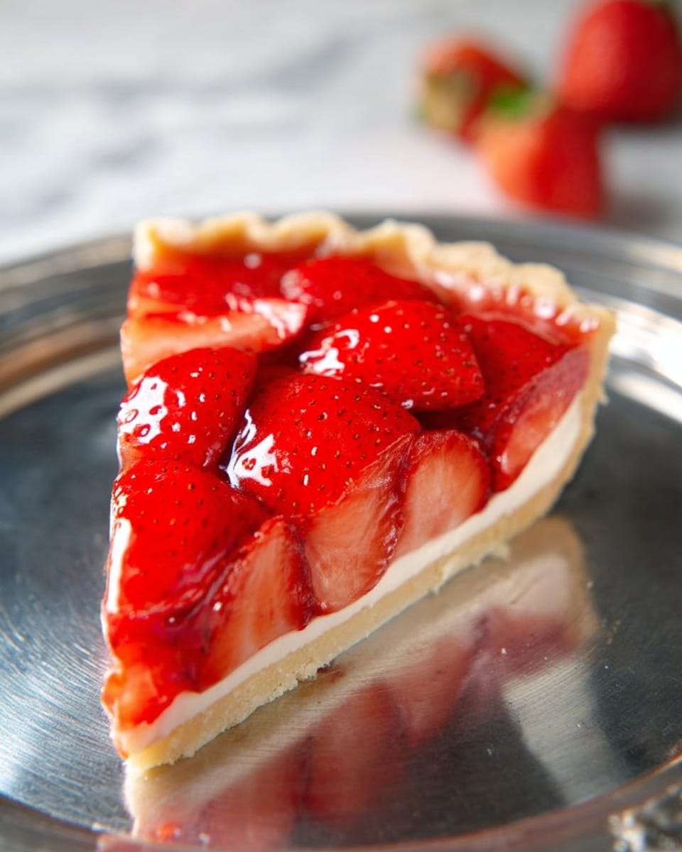 A single slice of strawberry tart sits on a shiny metal plate. The tart has three visible layers: a light beige crust on the bottom with a smooth texture, a creamy white layer above it, and large, bright red strawberry halves on top covered in a clear, shiny glaze. The strawberries are fresh, with visible seeds and juicy texture. The background has a white marbled texture with a slightly blurred strawberry in the distance. Photo taken with an iphone --ar 4:5 --v 7