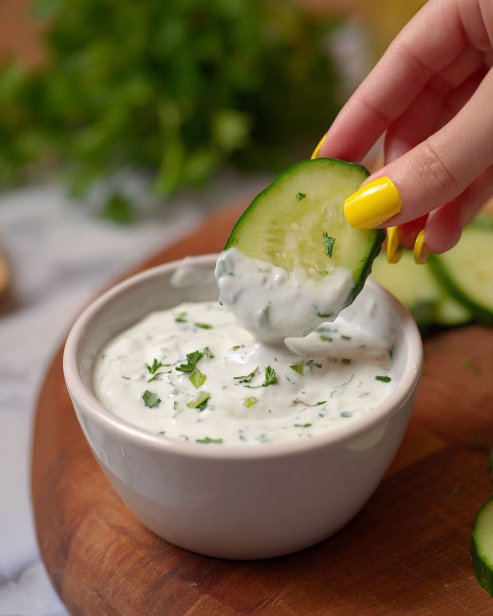 A close-up view of a fresh cucumber slice being dipped into a bowl of creamy white dip with green herb pieces spread throughout, held by a woman's hand with bright yellow painted nails. The bowl is white and sits on a wooden board, with the background showing blurred green leaves and a white marbled texture surface. The dip looks thick and smooth with small green herb bits floating on top, next to the crisp, moist green cucumber slice photo taken with an iphone --ar 4:5 --v 7