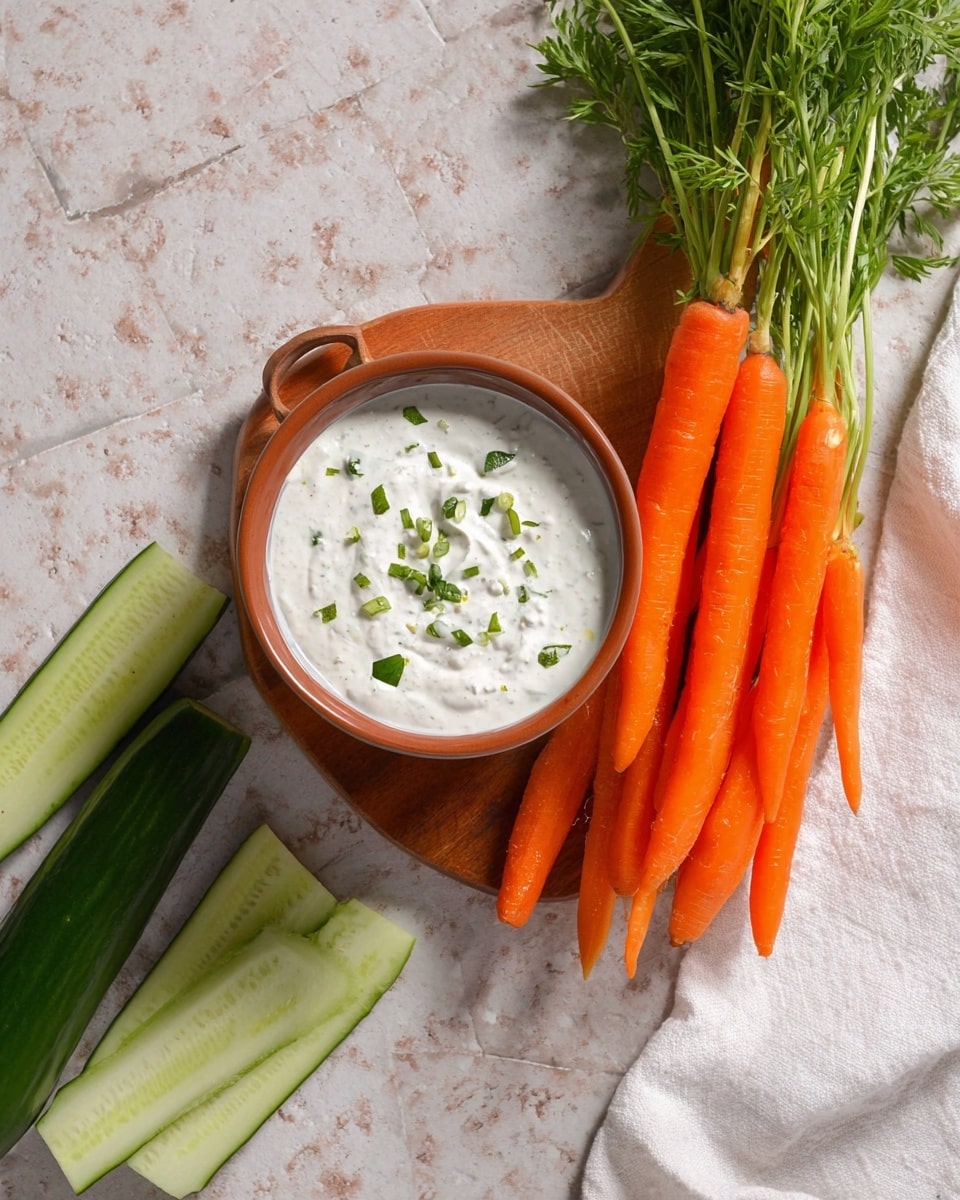 A bowl of white creamy dip with green herb pieces scattered on top sits in the center on a small wooden board. To the right, a bunch of fresh bright orange carrots with green tops lay on a white cloth. On the left side, light green cucumber slices and a part of a dark green cucumber are arranged in a line. The whole setup is placed on a white marbled textured surface. photo taken with an iphone --ar 4:5 --v 7