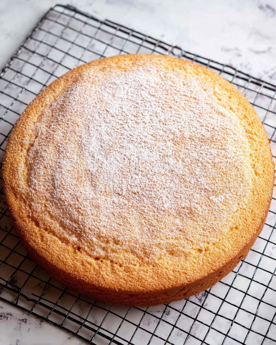 A single round cake layer with a light brown color is cooling on a black wire rack over a white marbled surface. The top of the cake has a dusting of fine white powdered sugar that is unevenly spread, showing the texture of the soft, slightly uneven surface beneath. The edges of the cake are smooth and even, with a gentle rise towards the center. Photo taken with an iphone --ar 4:5 --v 7