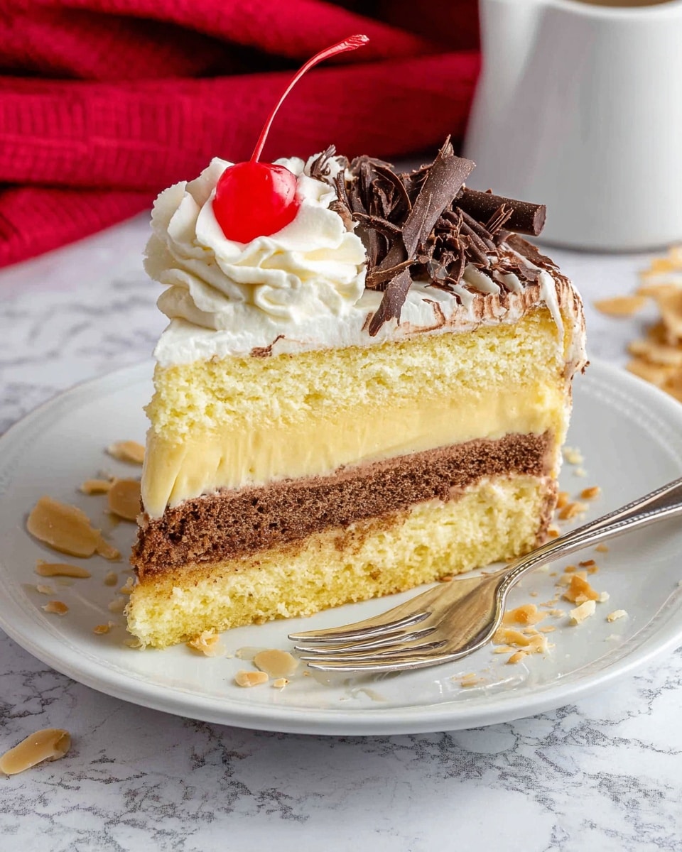 A slice of layered cake is placed on a white plate on a white marbled surface. The cake has three layers of light yellow sponge. The bottom layer is topped with a smooth, creamy light yellow filling, the middle layer is filled with a thicker, dark brown chocolate cream, and the top layer is covered with a thin layer of white frosting. On top, there is a swirl of white whipped cream with a bright red cherry on the left side and dark chocolate shavings on the right side. A silver fork lies beside the cake on the plate, and almond flakes are scattered around the plate. A red cloth is in the background on the left and a white teapot is partially visible on the right. Photo taken with an iphone --ar 4:5 --v 7