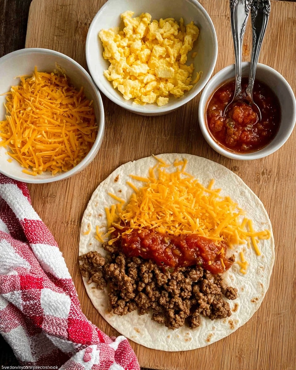 The image shows a soft white tortilla at the bottom with three layers on top: a base layer of brown cooked ground meat, a middle layer of red chunky salsa, and a top layer of shredded orange cheddar cheese. Above the tortilla, there are three white bowls: one with yellow scrambled eggs, one with shredded orange cheddar cheese, and one with the cooked ground meat, each with a metal spoon. There is also a small cup filled with chunky red salsa. All items are arranged on a wooden surface with a red and white cloth on the side. photo taken with an iphone --ar 4:5 --v 7