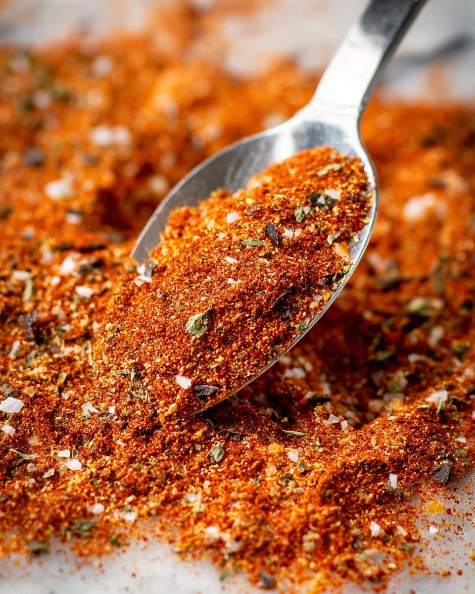 A close-up shot shows a silver metal scoop filled with a coarse, reddish-orange spice mix containing visible small bits of dried herbs, black pepper, and granulated salt. The scoop is resting inside a white bowl filled with the same spice blend, which has a rough, uneven texture and a mix of warm, earthy tones. The background is a white marbled surface, softly blurred to keep focus on the scoop and spice layers photo taken with an iphone --ar 4:5 --v 7