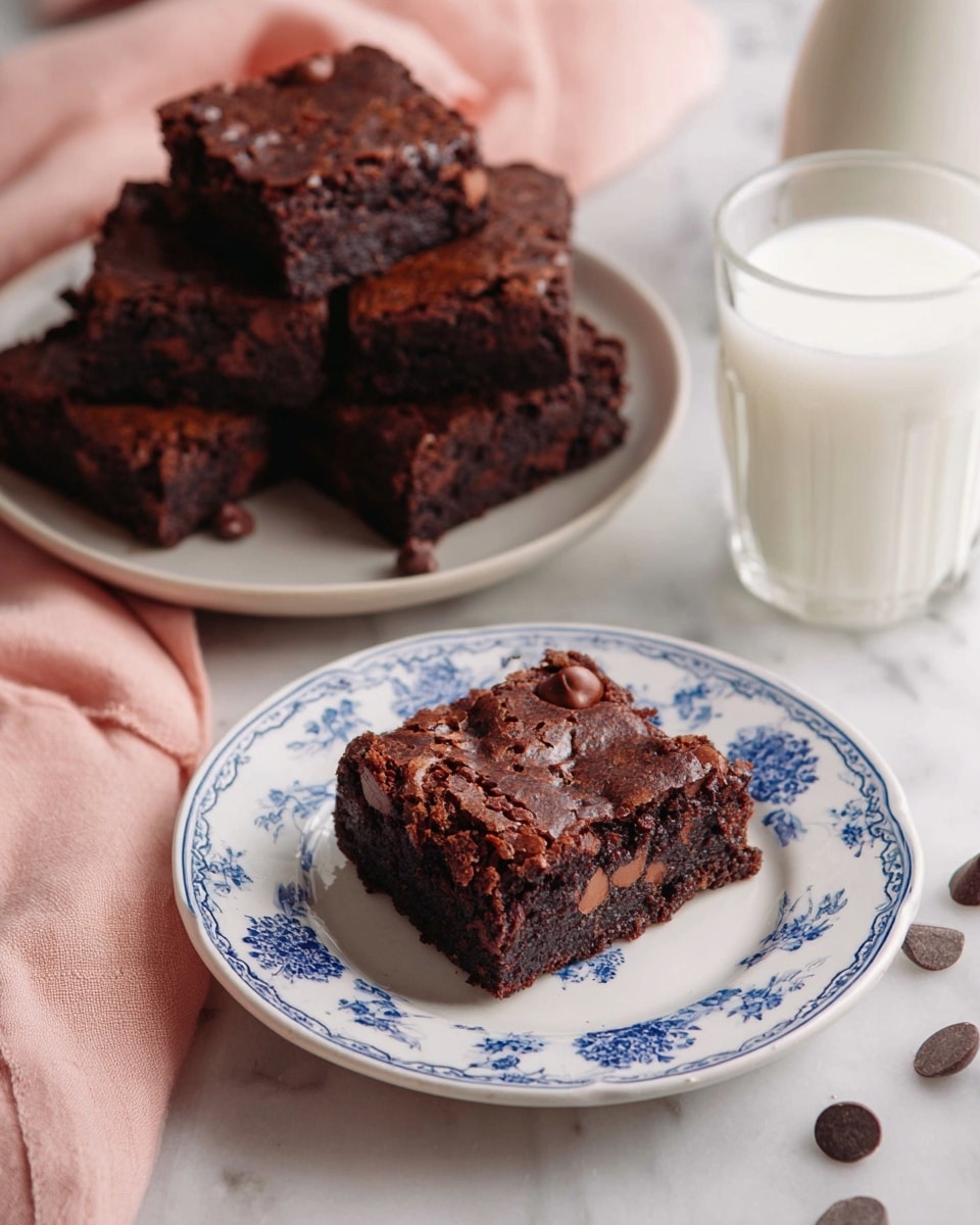 A single thick square piece of dark brown chocolate brownie sits on a small white plate with blue floral patterns. The brownie has a slightly cracked surface with visible chocolate chips inside, showing a dense and rich texture. Behind it, there is a round white plate holding several more square brownies stacked close together. To the right of the small plate is a clear glass filled with white milk. Scattered on the white marbled surface around the plates are a few loose chocolate chips. A pale pink cloth is partially visible draped near the small plate. photo taken with an iphone --ar 4:5 --v 7