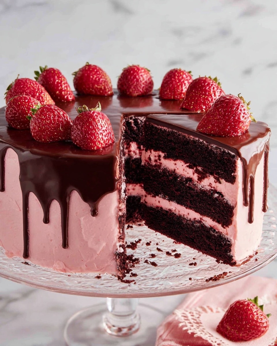 A four-layer round chocolate cake on a clear glass cake stand has smooth pink frosting covering the sides with small red specks inside it. Each cake layer is dark brown, separated by pink frosting, matching the outside. The top is covered with shiny dark chocolate ganache that drips slightly down the sides. Fresh red strawberries are placed on top all around the edge, with a close-up slice on a white plate with small floral patterns, showing the layers clearly. Red strawberries lie scattered on the white marbled surface around the plate. In the background, a white cup with a floral design holds a light brown tea, adding warmth to the scene. photo taken with an iphone --ar 4:5 --v 7